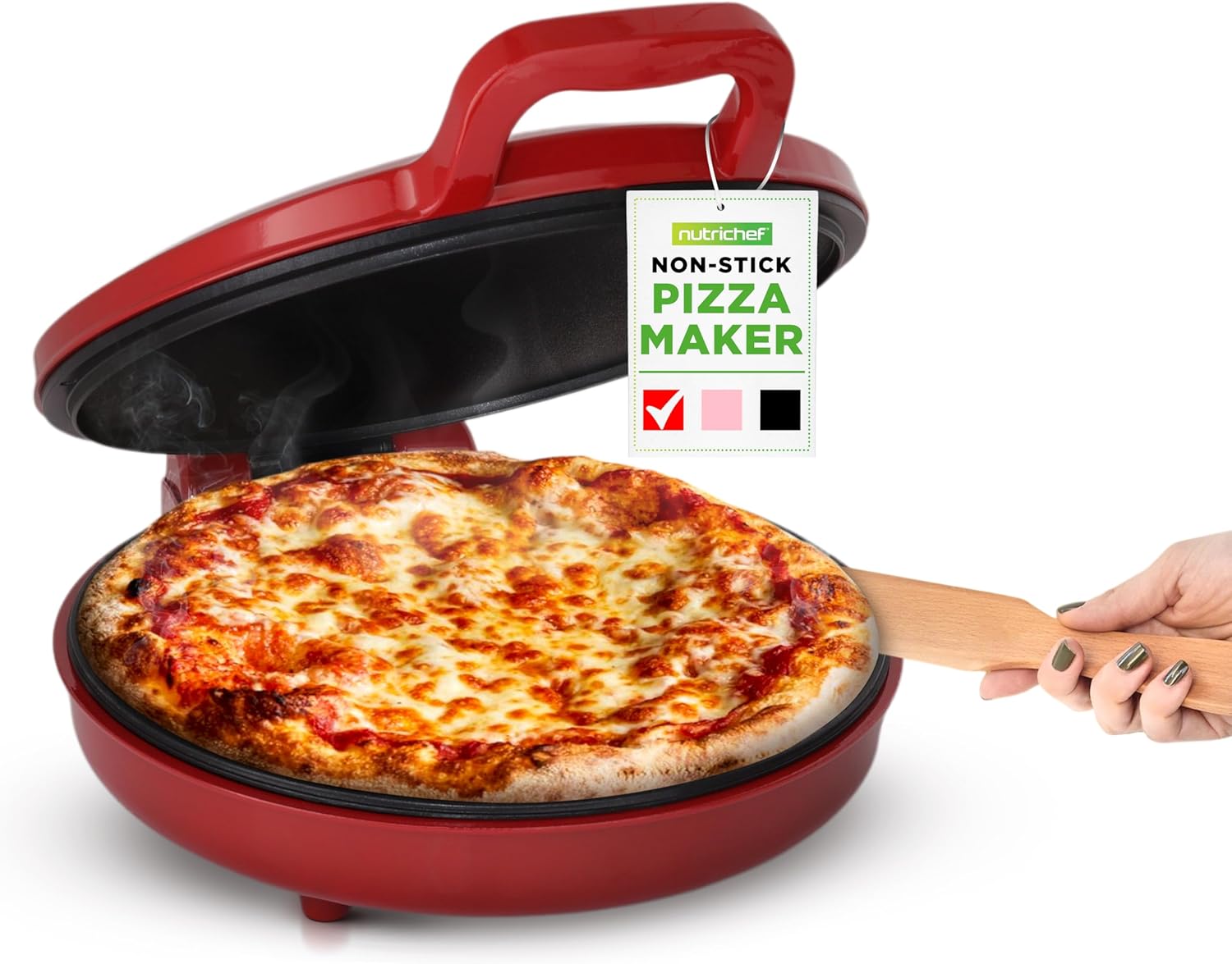 NutriChef Countertop Pizza Maker | 1500W Non-Stick Electric Pizza Cooker | Make 12" Personal Pizzas, Eggs, Toast & More | Cool-Touch Handles, Compact & Space-Saving | Temp Range 175-400°F | Red