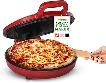 NutriChef Countertop Pizza Maker | 1500W Non-Stick Electric Pizza Cooker | Make 12" Personal Pizzas, Eggs, Toast & More | Cool-Touch Handles, Compact & Space-Saving | Temp Range 175-400F | Red