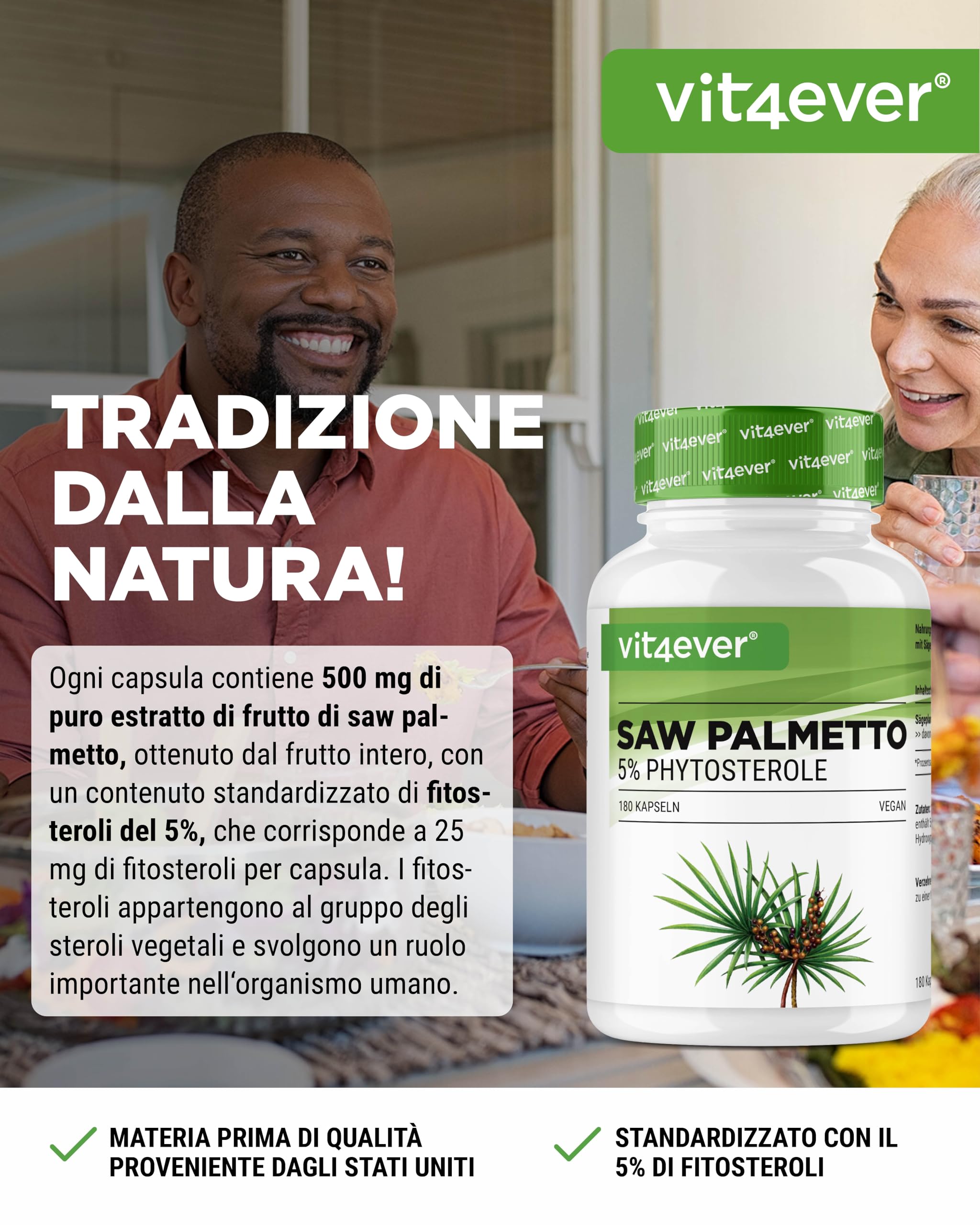 vit4ever Estratto di Saw Palmetto – 180 capsule con 500 mg di estratto di saw palmetto ad alto dosaggio – Premium: 5% fitosteroli = 25 mg – Senza additivi indesiderati – Vegano