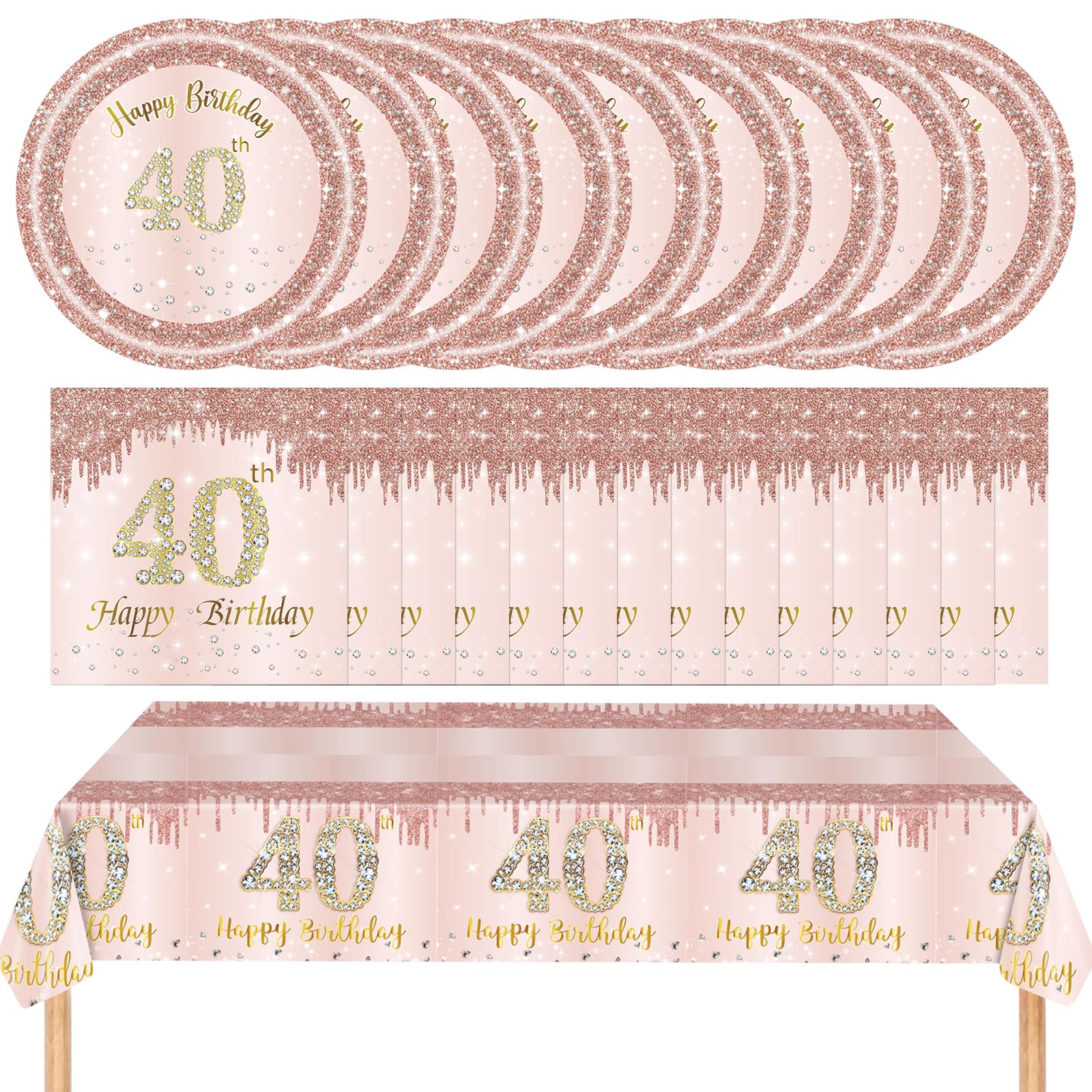 41 Pcs 40th Birthday Rose Gold Party Tableware Decorations Set for Girls