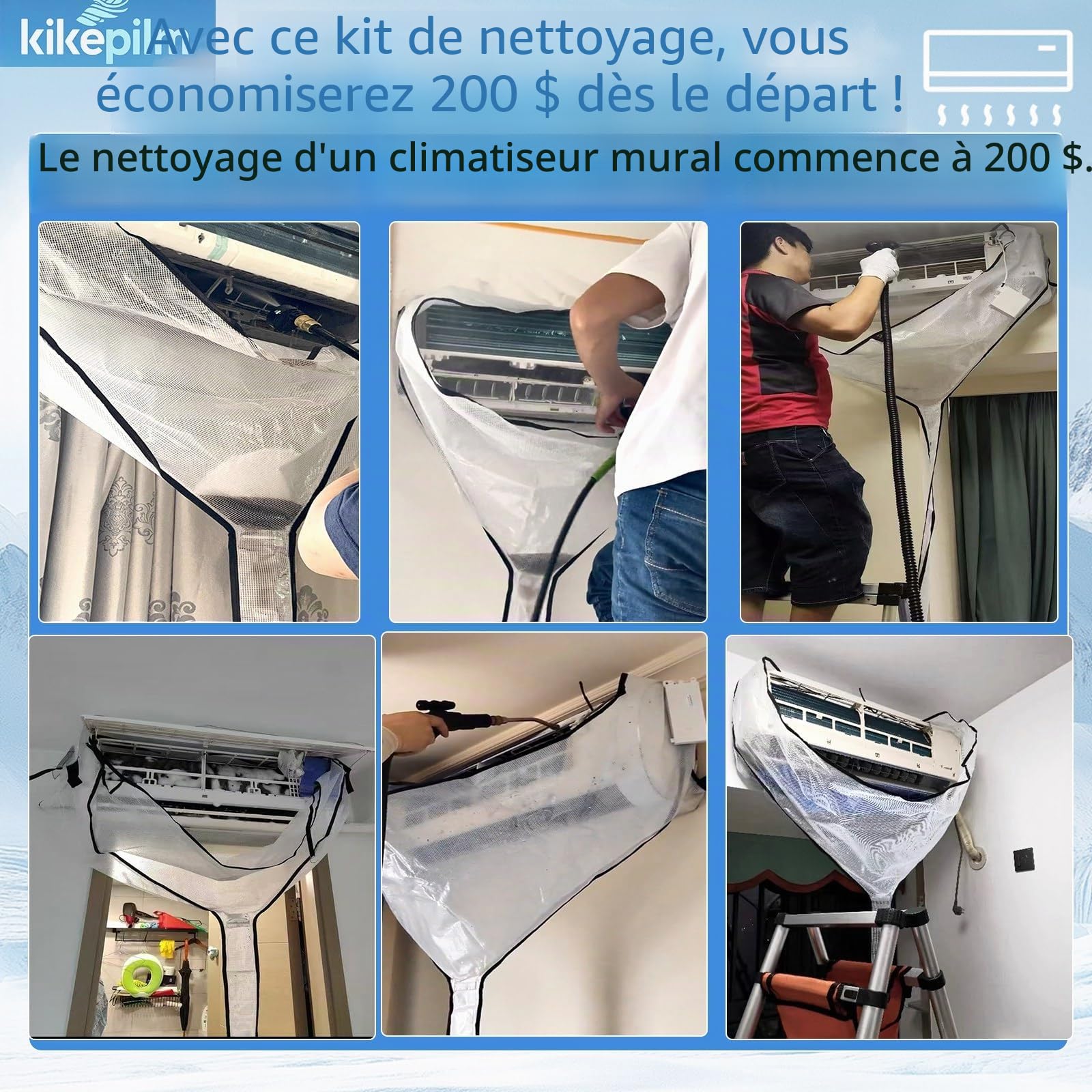 kit nettoyage climatisation split, kit entretien climatisation, kitnettoyage clim, bache nettoyage clim, nettoyageclimatisation maison, kit nettoyage de climatiseur, Blanc，Grand 60-135 cm