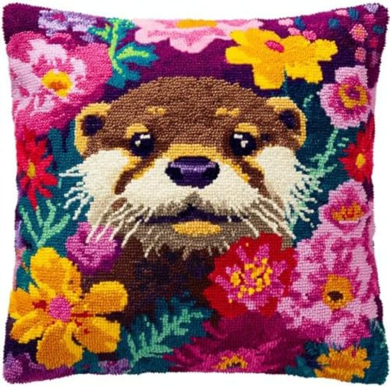 kitphoenix DIY Latch Hook Cushion Kit Otter Portrait in Flowers,Beginner-Friendly Rug Hooking Pillow Kit,Crochet Craft Cushion Cover for Home Decor,43x43 cm-2