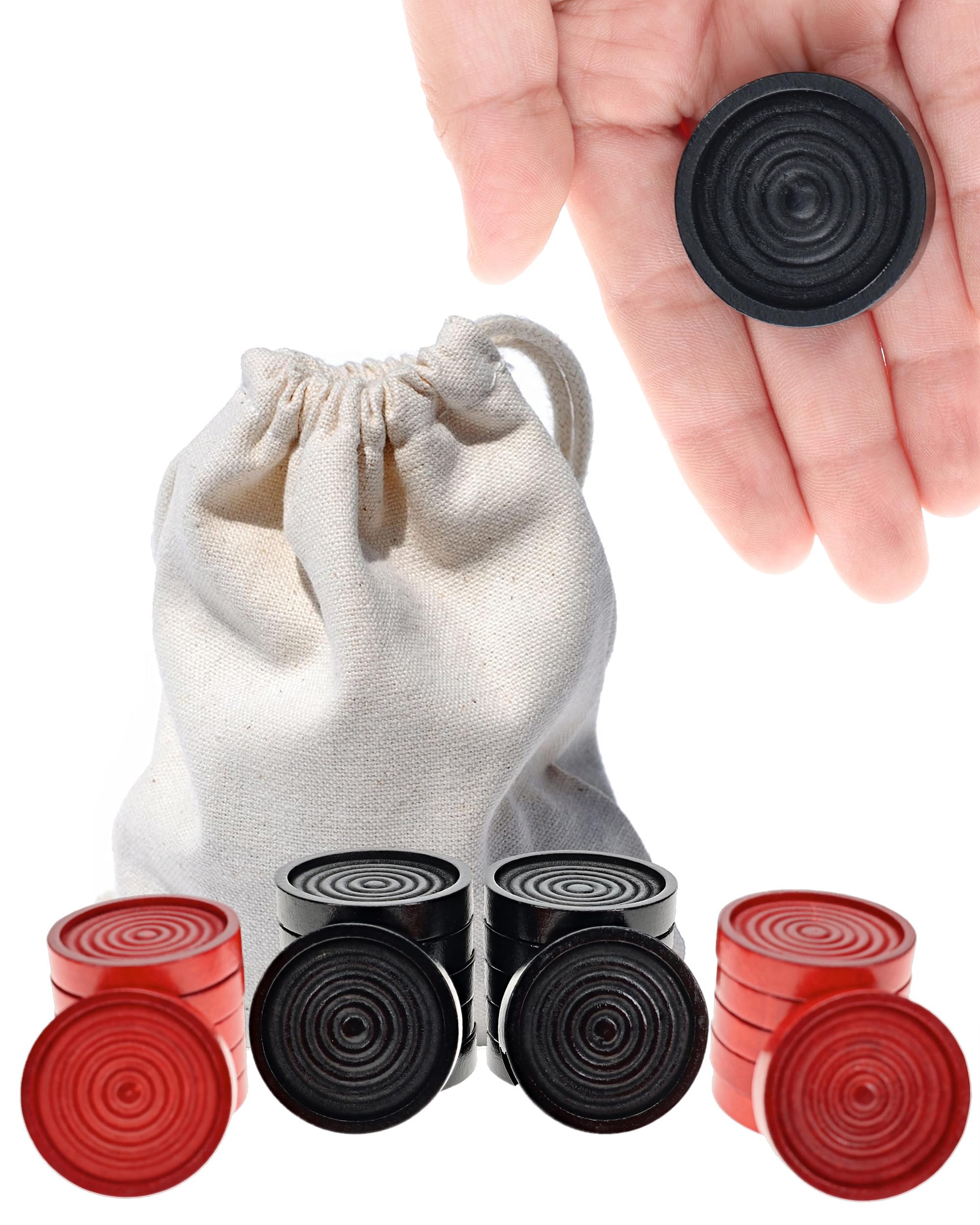 Wooden Checkers Pieces with Drawstring Storage Bag - 24 Checker Pieces Only - Red & Black, 1.5-inch Diameter