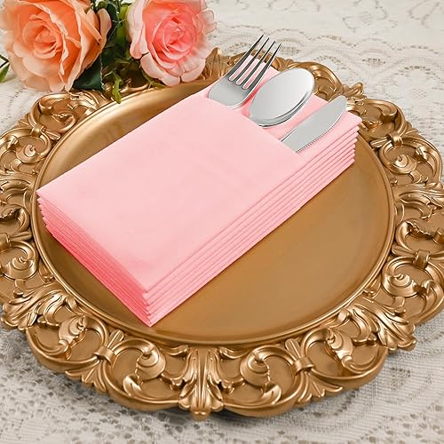 Miniatura 6 de Servilletas desechables de color rosa, paquete de 50 servilletas de papel de tacto de lino con bolsillo integrado para cubiertos, tela preplegada
