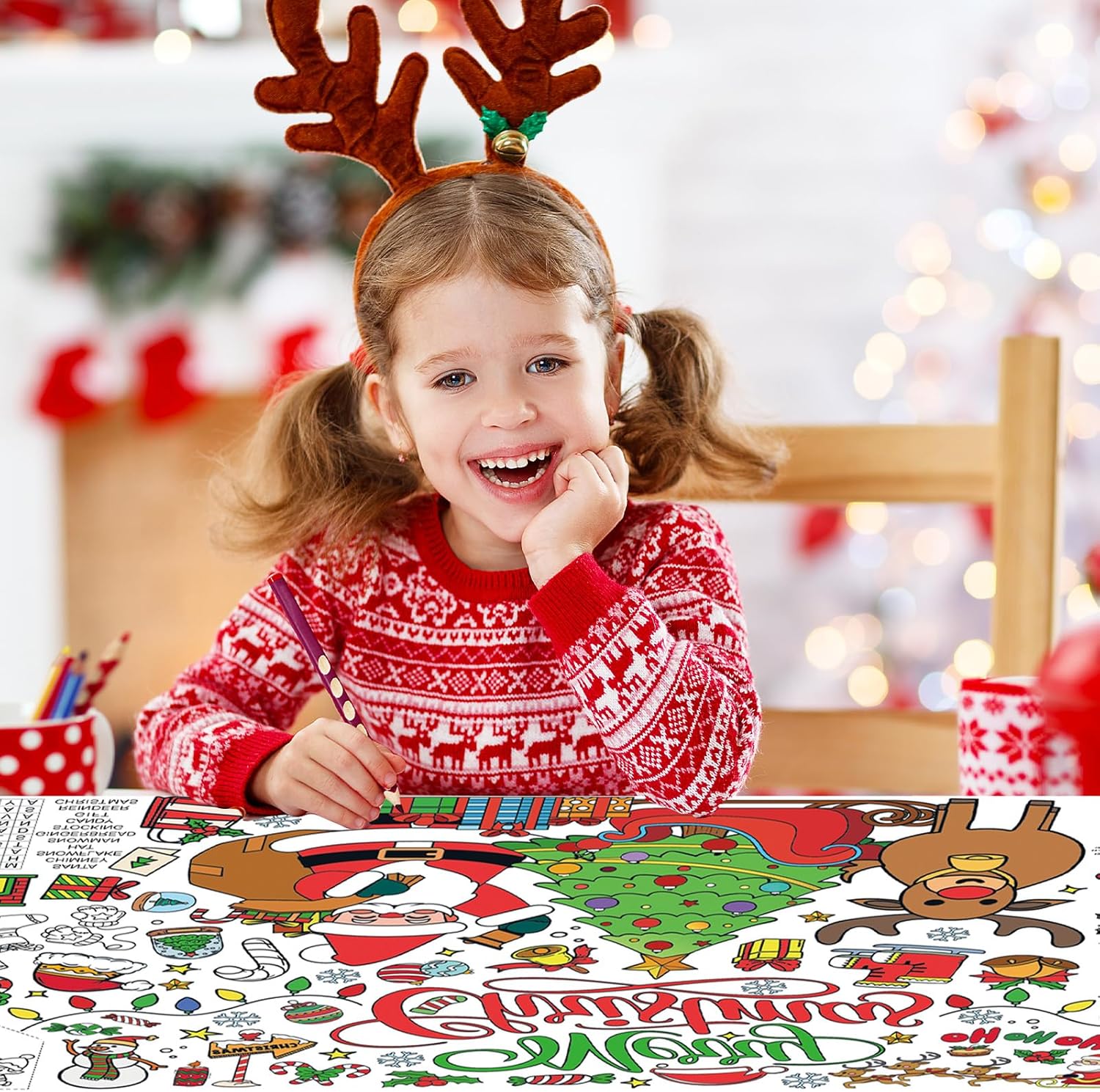 YQUQWN Christmas Coloring Tablecloth, Large 35x72 Inch Coloring Poster with Santa Reindeer Tree for Christmas Crafts Party Games Table Decor