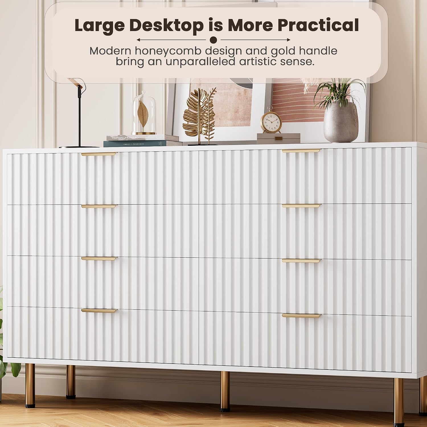 Fluted Modern 8-Drawer Extra Wide Dresser, 55 Inch Large Double Dresser TV Stand with Deep Drawers, Massive Storage Chest for Bedroom, Living Room, Hallway, Kids Room, White