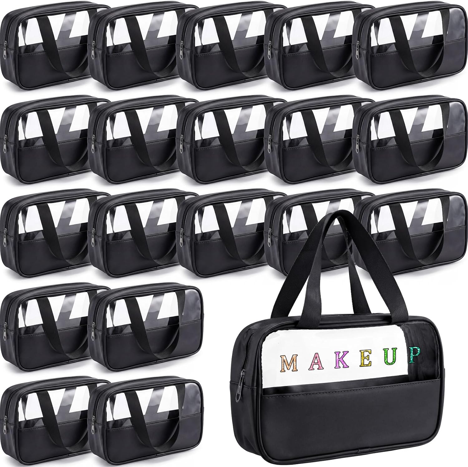 Buryeah 20 Pcs Translucent Makeup Bag Toiletry Organizer for Women Men Waterproof Portable Cosmetic Bag with Hanging Handles Travel Storage Carry Pouch Gifts for Bridesmaid (Black)