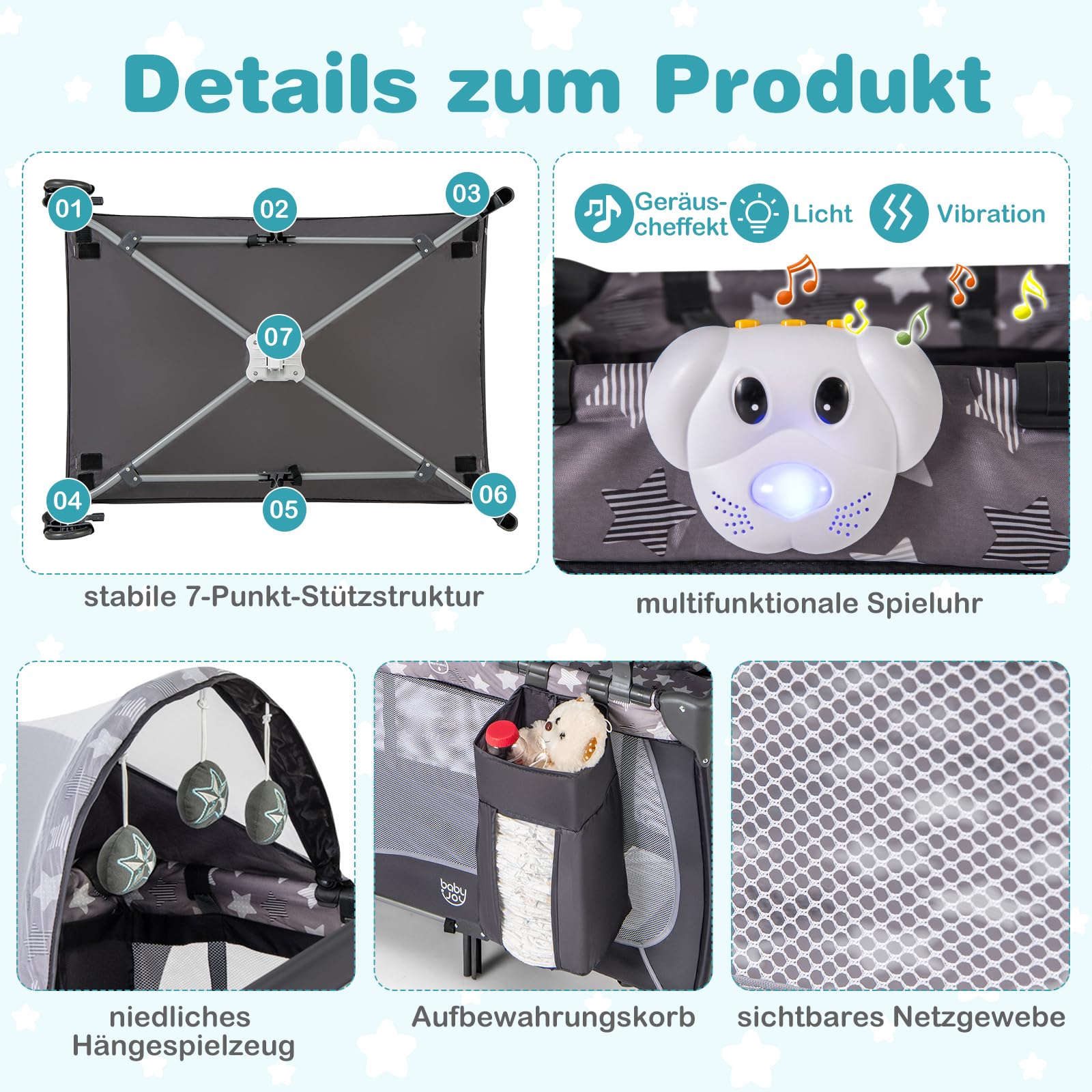 DREAMADE 102 x 72 cm Reisebett Faltbar, Beistellbett Baby mit Matratze & Rollen & Moskitonetz & Wickelauflage, 3 in 1 Babybett für Neugeborene & Kinder 0-36 Monate (Grau)