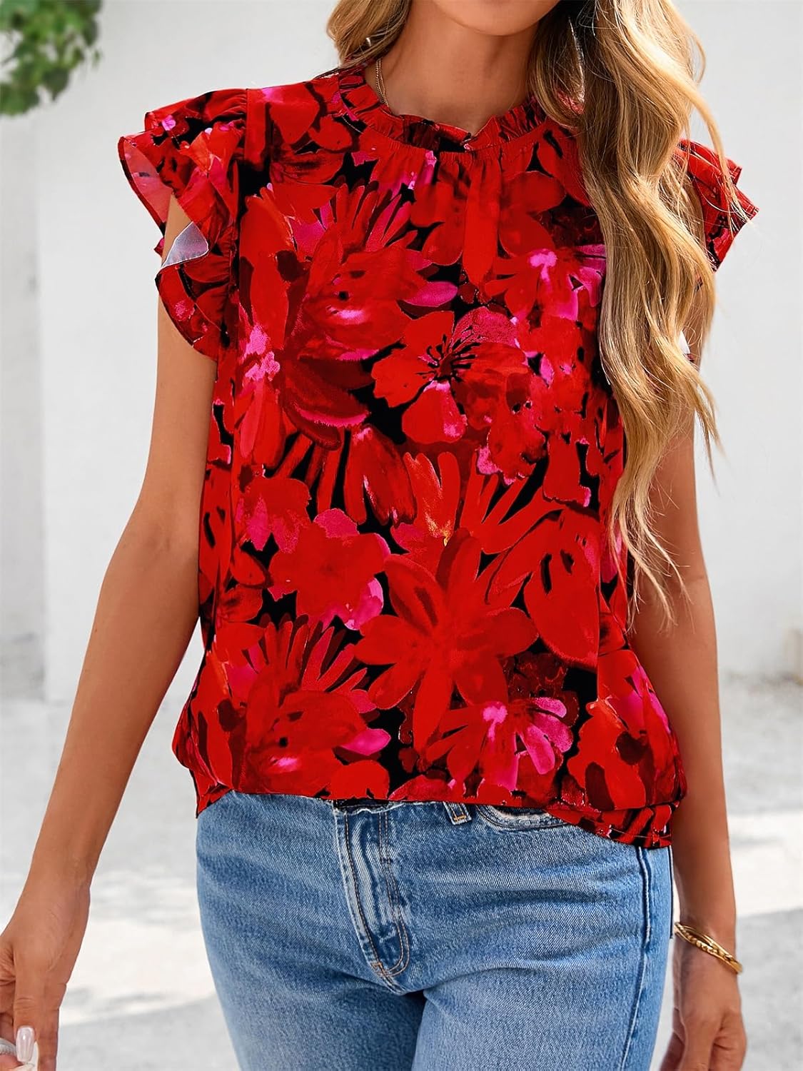 PRETTYGARDEN Women's Ruffle Short Sleeve Summer Tops 2026 Trendy Floral Trim Neck Casual Dressy Chiffon Boho Blouses Shirts - Image 6