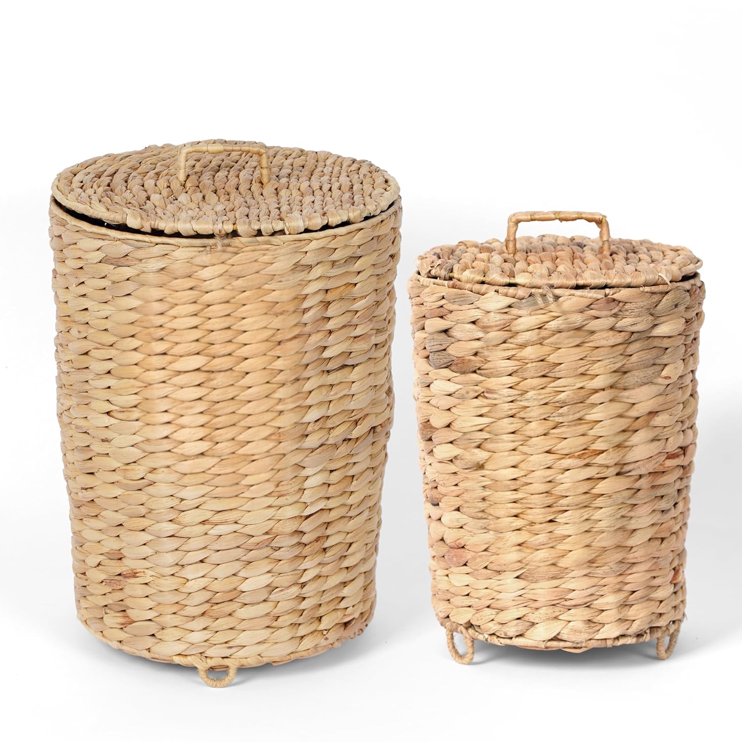 Small Bathroom Trash Can with Lid Set of 2 (2.9 & 1.4 Gallon), Wicker Wastebasket with Liner & Raised Feet, Handwoven Water Hyacinth Decorative Trash Can for Bedroom, Office, Living Room