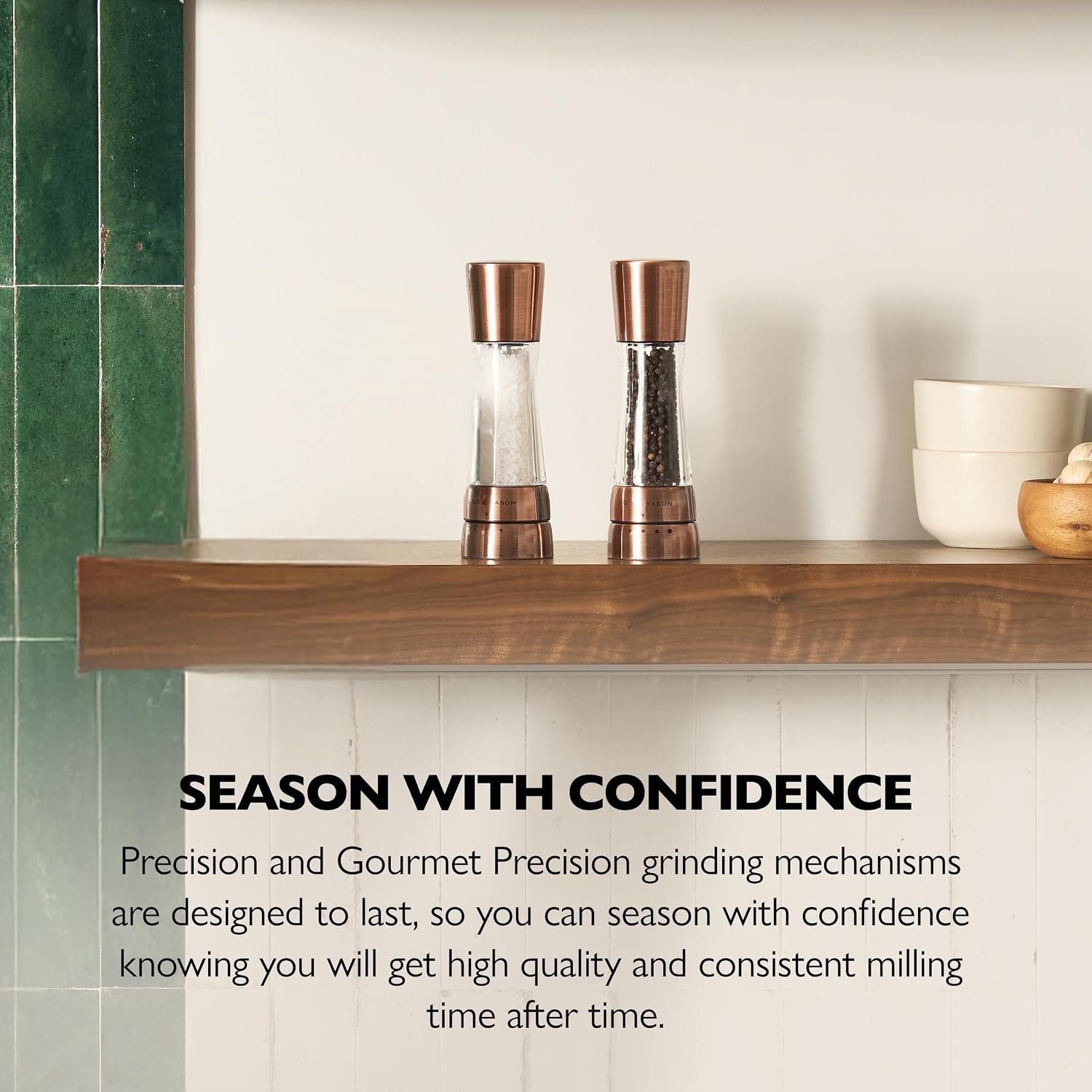 Cole & Mason Derwent Salt & Pepper Mill Gift Set - Refillable Seasoning and Spice Tools - Adjustable Grinder Settings - Copper With Salt and Pepper Tray
