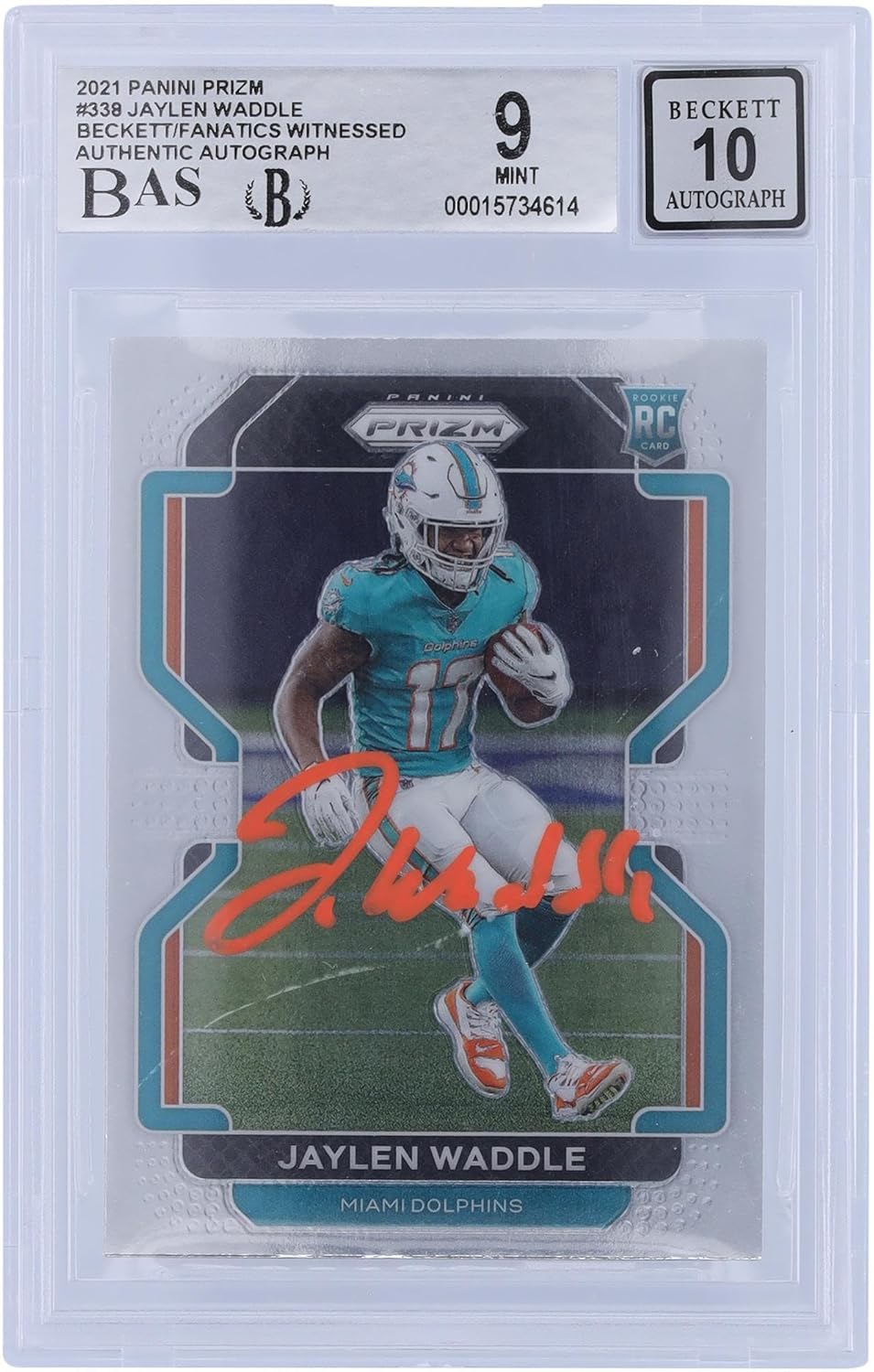 Jaylen Waddle Miami Dolphins Autographed 2021 Panini Prizm Orange Ink #338 Beckett Fanatics Witnessed Authenticated 9/10 Rookie Card - Football Slabbed Autographed Rookie Cards
