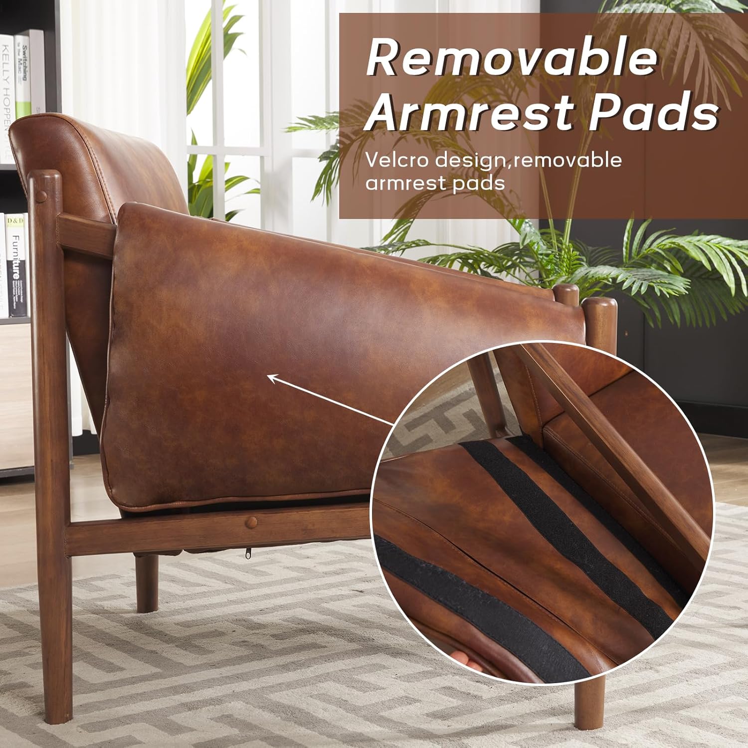 INZOY Faux Leather Armchair with Wood Frame, Mid Century Accent Chair with Removable Armrest Pads, Upholstered Living Room Chair, Reading Nook Chair for Bedroom Apartment, Camel