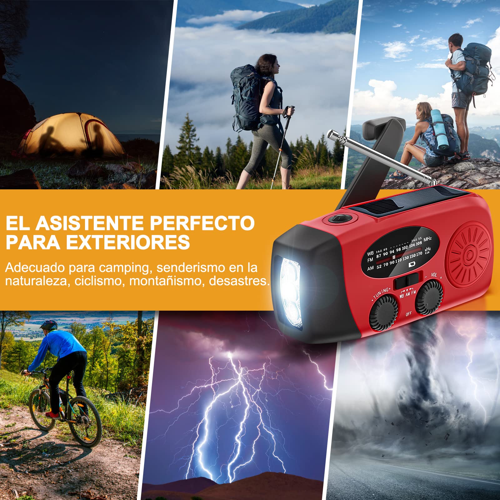 Radio Solar de Emergencia Radio FM/Am/NOAA Portátil Manivela de la Mano Radio con 2000mAh como Power Bank 3-LED Linterna Alarma SOS Radio portátil y Recargable doméstica y de Camping