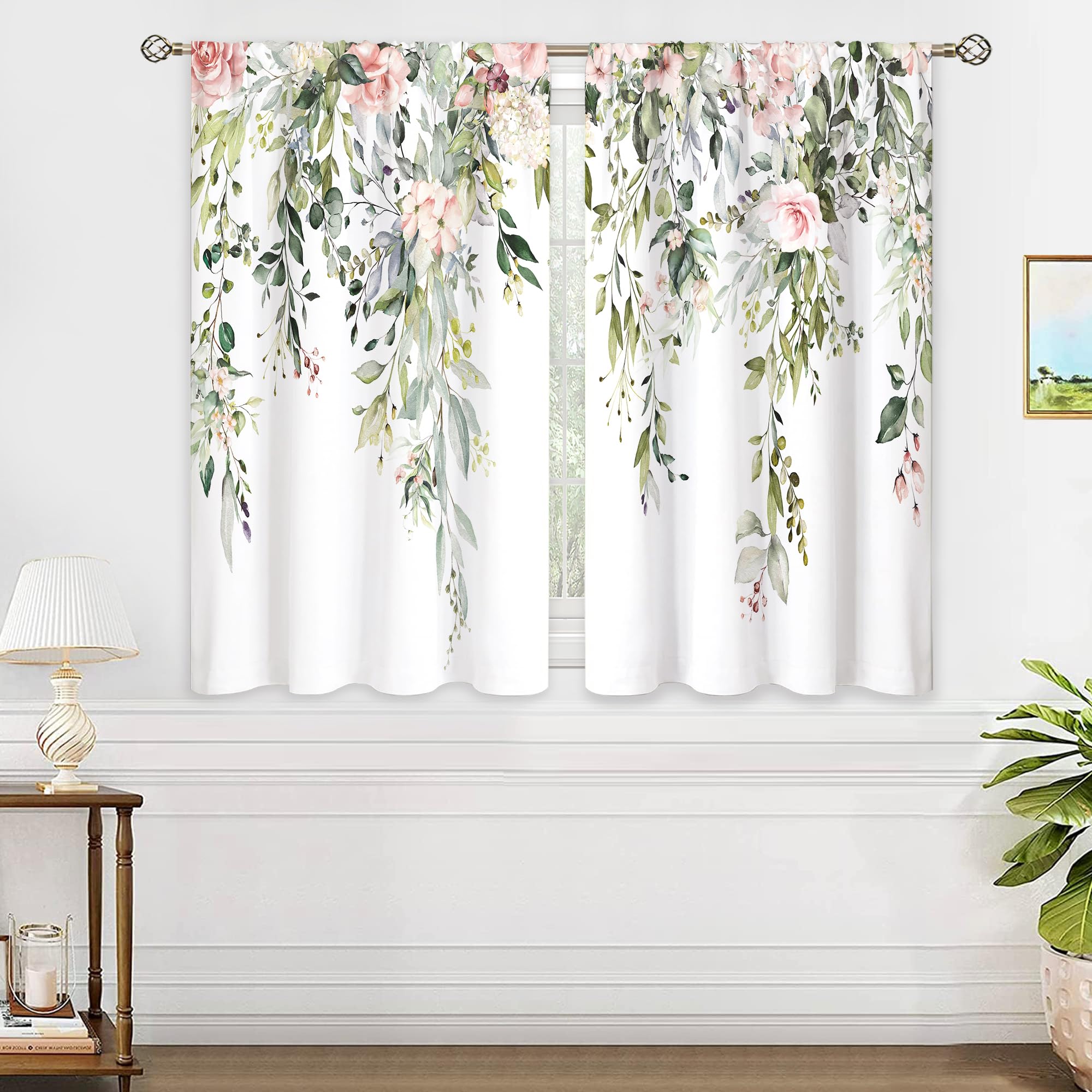 Oolygoo - Piccole tende da cucina con fantasia di foglie di eucalipto, per bagno, sala da pranzo, stanza lavanderia, motivo botanico, blu e turchese, 66 x 91,4 cm