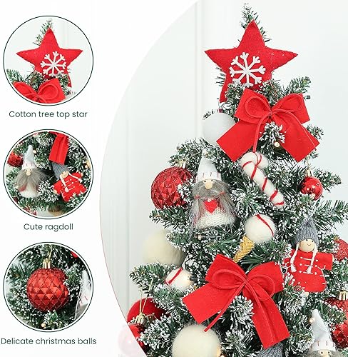 Miniatura 4 de WBHome Árbol de Navidad de mesa preiluminado y predecorado de 1.8 pies, adornos rojos y blancos con conos de pino, mini árbol de Navidad nevado con