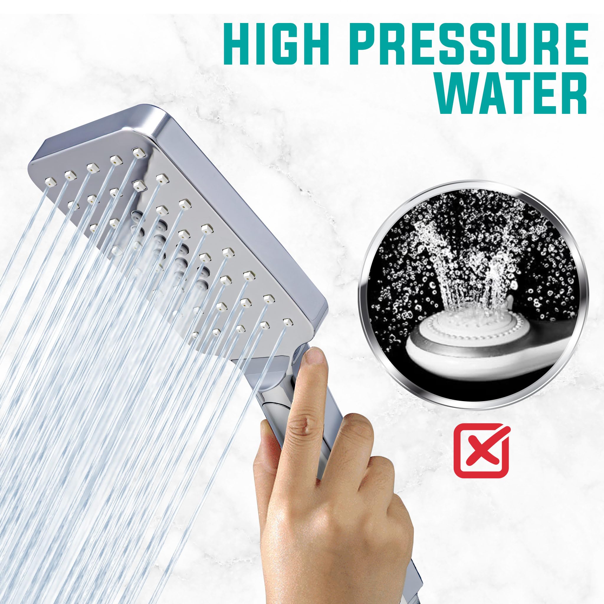 Metpure - Cabezal de ducha de mano de alta presión con fácil clic para múltiples pulverizaciones, cabezal de ducha rectangular ligero de perfil bajo, tubo de acero inoxidable y soporte de montaje