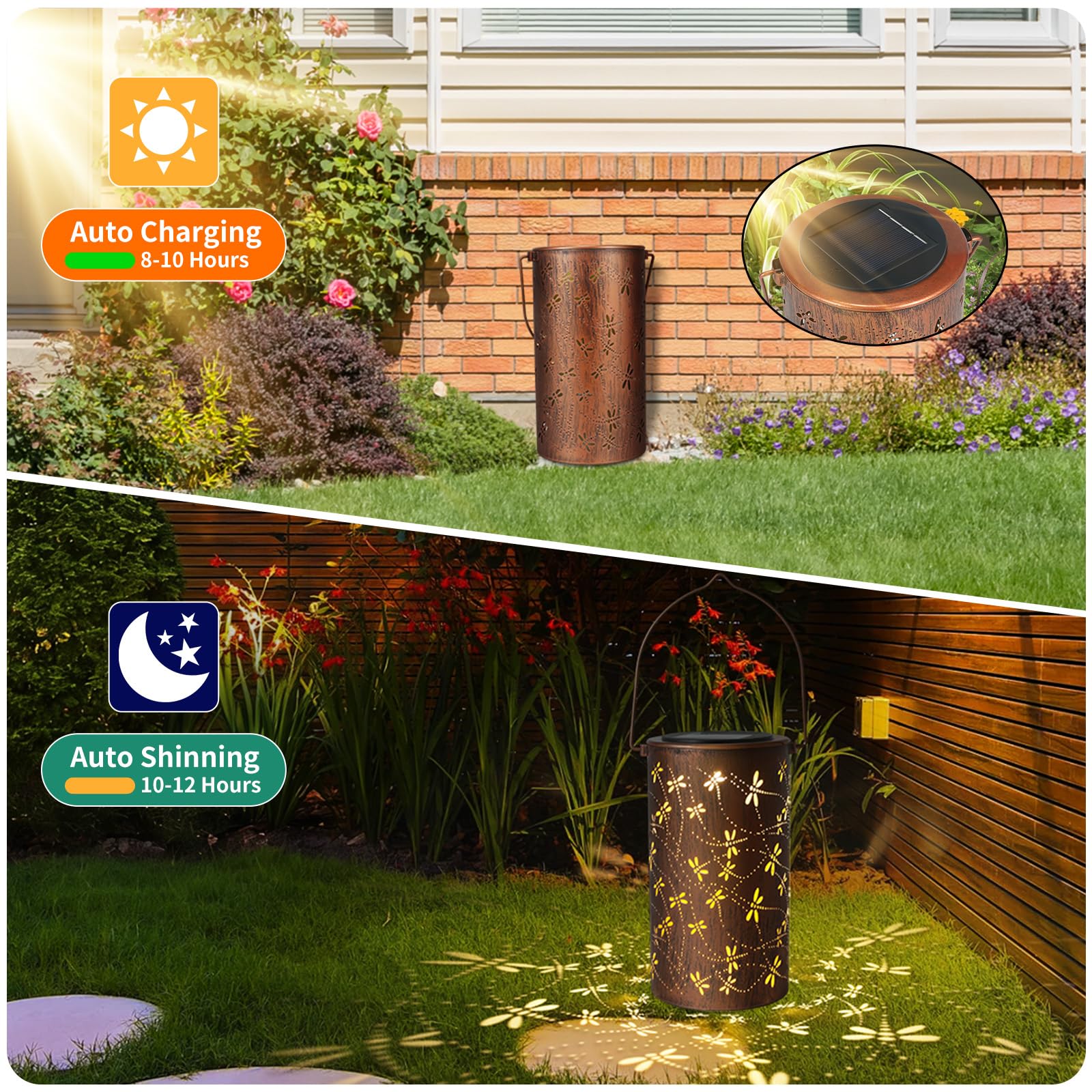 Linterna solar impermeable para exteriores, linterna solar colgante de metal con libélula, luces LED solares para jardín, patio, balcón, porche, decoración de regalos para mujeres, mamá, abuela, 1