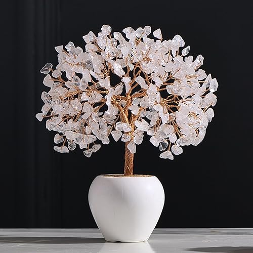 Árbol de dinero con piedra de cuarzo transparente, árbol de dinero de cristal de chakras, árbol de la vida con base de maceta, árbol de la buena
