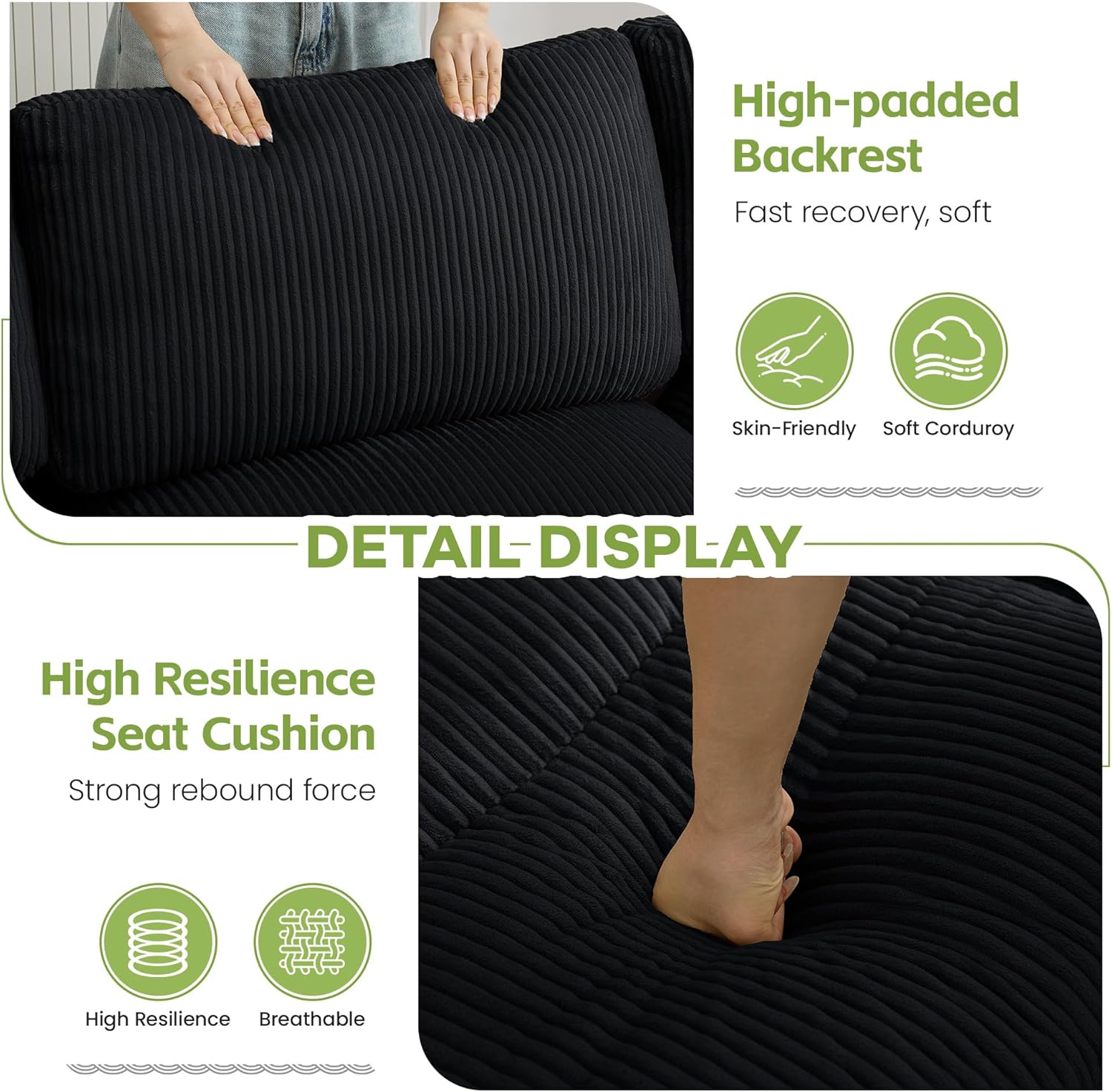 67'' Sectional Loveseat Sofa, 2-Seater Modular Love Seat Couch for Living Room, Corduroy Deep Seat Cloud Couches with Rolled Edge Armrest, Black