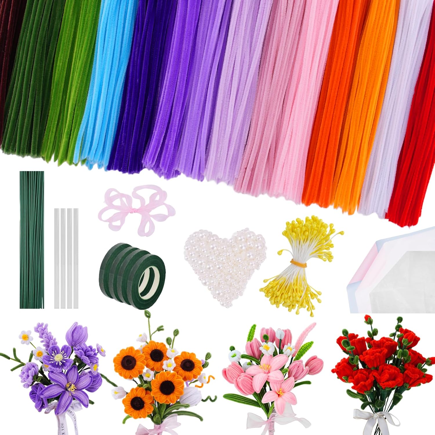900 PCS Pipe Cleaners Craft, Pipe Cleaner Bulk Flower Kit 14 Colors Chenille Stems Flower Making Kit with Greeting Card, Floral Wires, Tape, Stamen, Floral Wrapping Paper & Ribbon for Art DIY Flowers