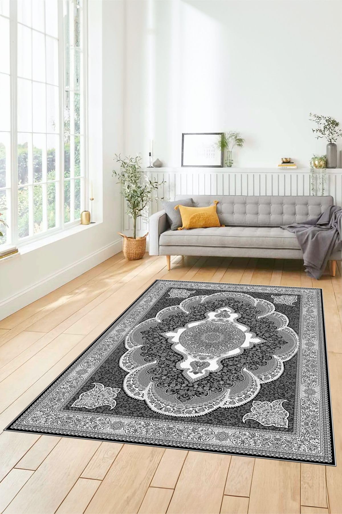 Evdeya Dijital Kaymaz Taban Yıkanabilir Çerçeveli Göbekli Klasik Desen Salon Halısı KLASİK-02, Gri, 80 x 250