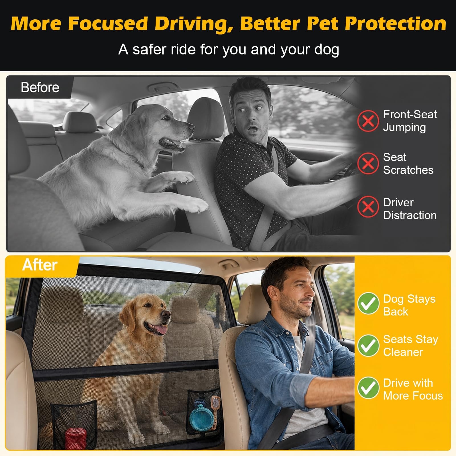Grille de protection pour chien - Siège arrière et coffre - 127 x 142 x 81 cm - Filet de protection pour chien - Filet de protection renforcé et cadre en métal - Barrière universelle pour