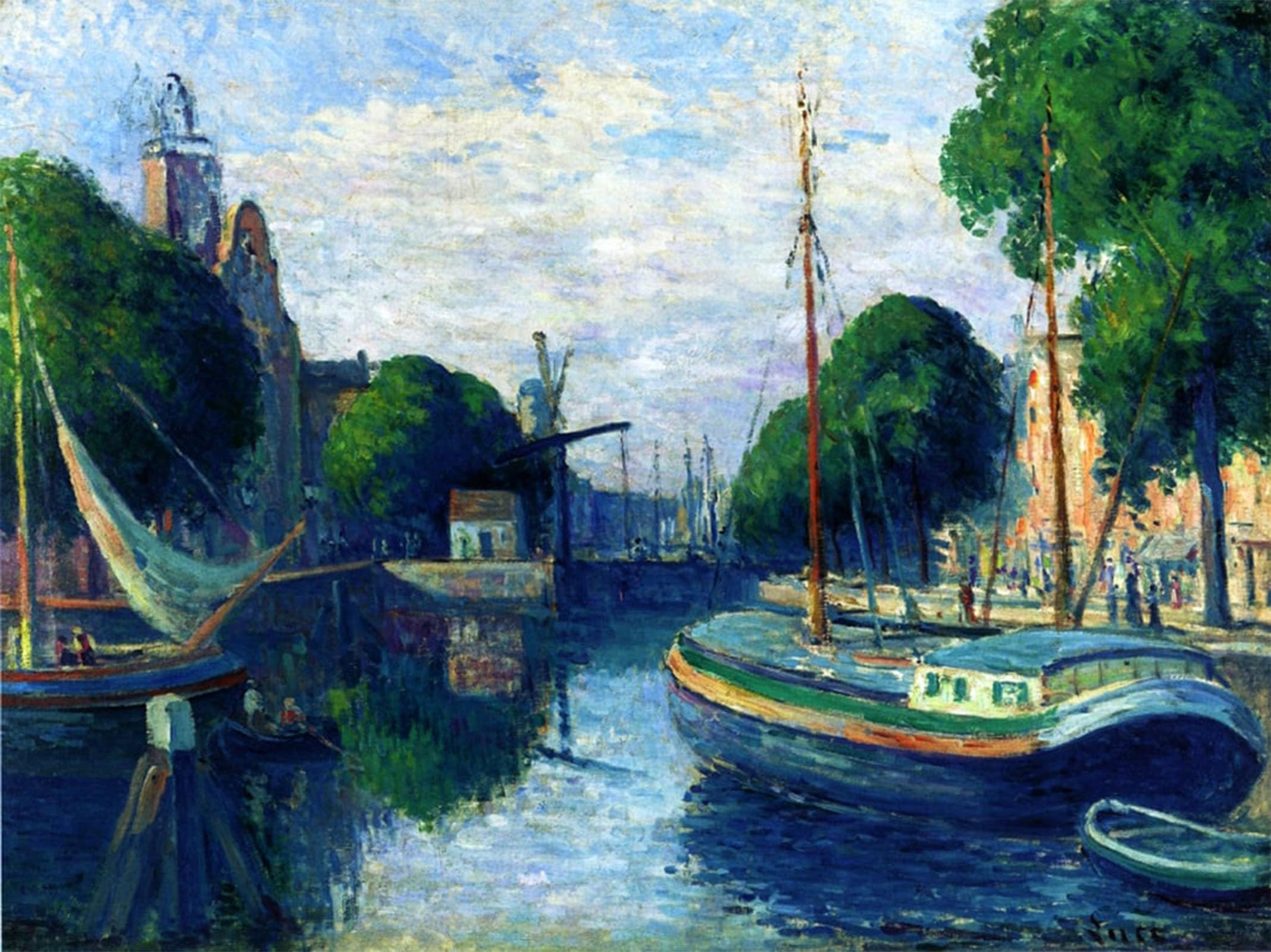 RZHRHJES Vintage Wall Art Picture on Canvas Wall Art Poster Barges on a Canal At Rotterdam by Maximilien Luce Canvas Poster for Office Decor 60x90cm