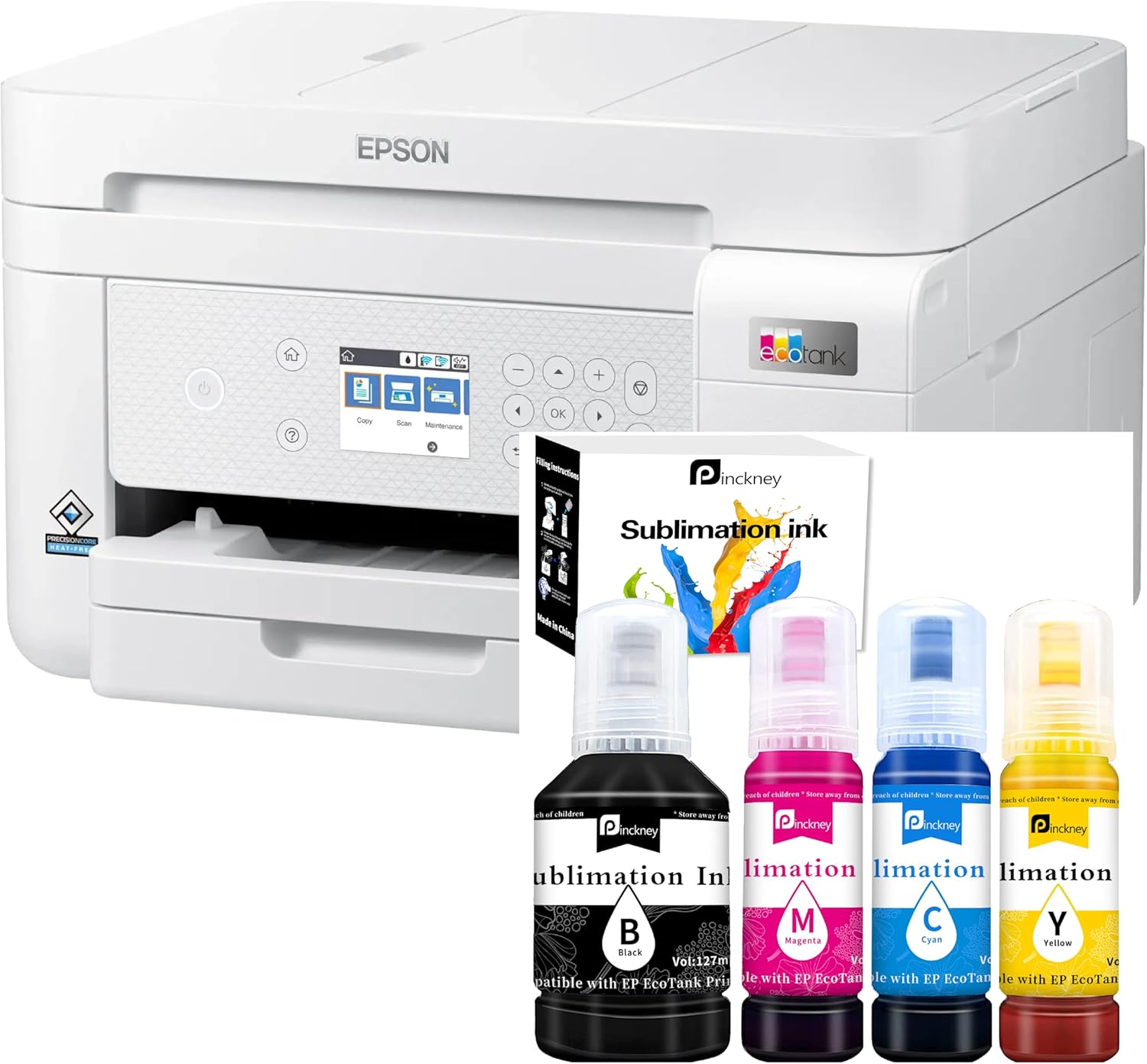 Pinckney Cartridge-Free Super-Tank Printer with Sublimation Ink for Sublimation Printing, Heat Transfers on T-Shirt, Paper Tray, AIO, ADF and Ethernet (Renewed)