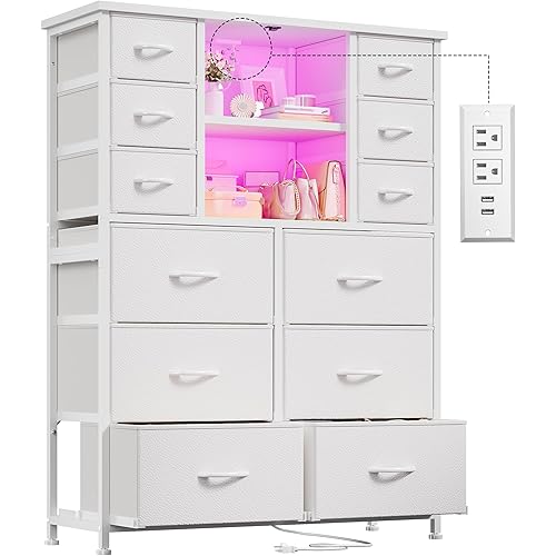 EnHomee Dresser for Bedroom with Drawers, Charging Station & LED Light, Large White Dresser for Hallway, Living Room, Entryway, Wooden Top, Metal Frame, 50.6" H x 37.8" W x 11.8" D