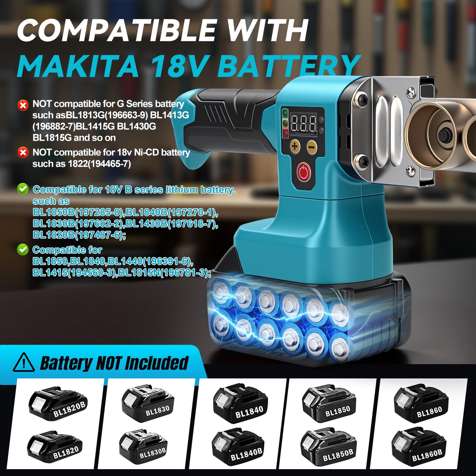 Soldador de tubos de plástico inalámbrico compatible con batería Makita de 18 V (sin batería), máx. 320 °C, máquina de soldadura eléctrica de plástico con pantalla digital y 5 cabezales de troquel