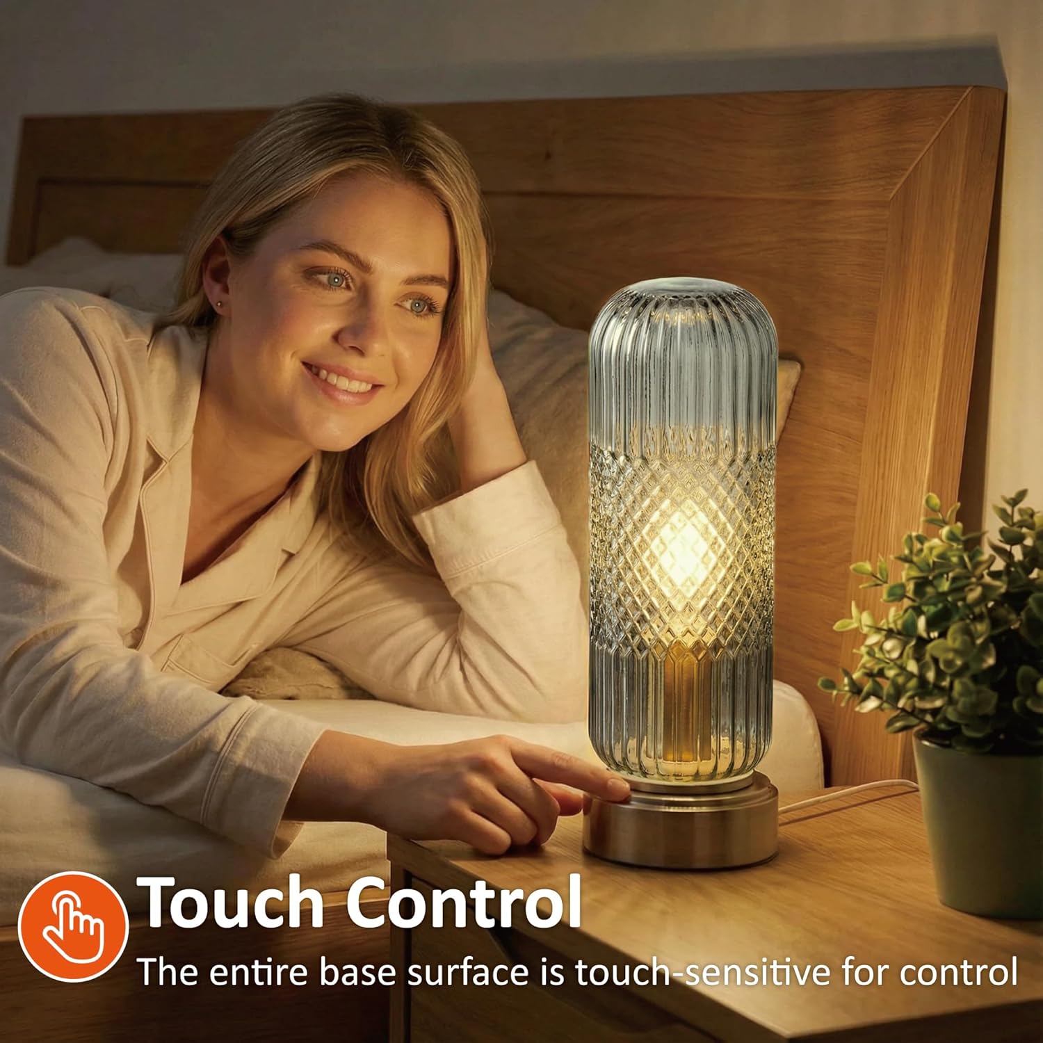 Buruis 11.6" Touch Dimmable Table Lamp, Ribbed Glass Shade with Antique Brass Metal Base, UL Listed, Modern Accent Lamp for Bedroom, Living Room, Bookshelf, Nightstand & Entryway, Smoky Gray