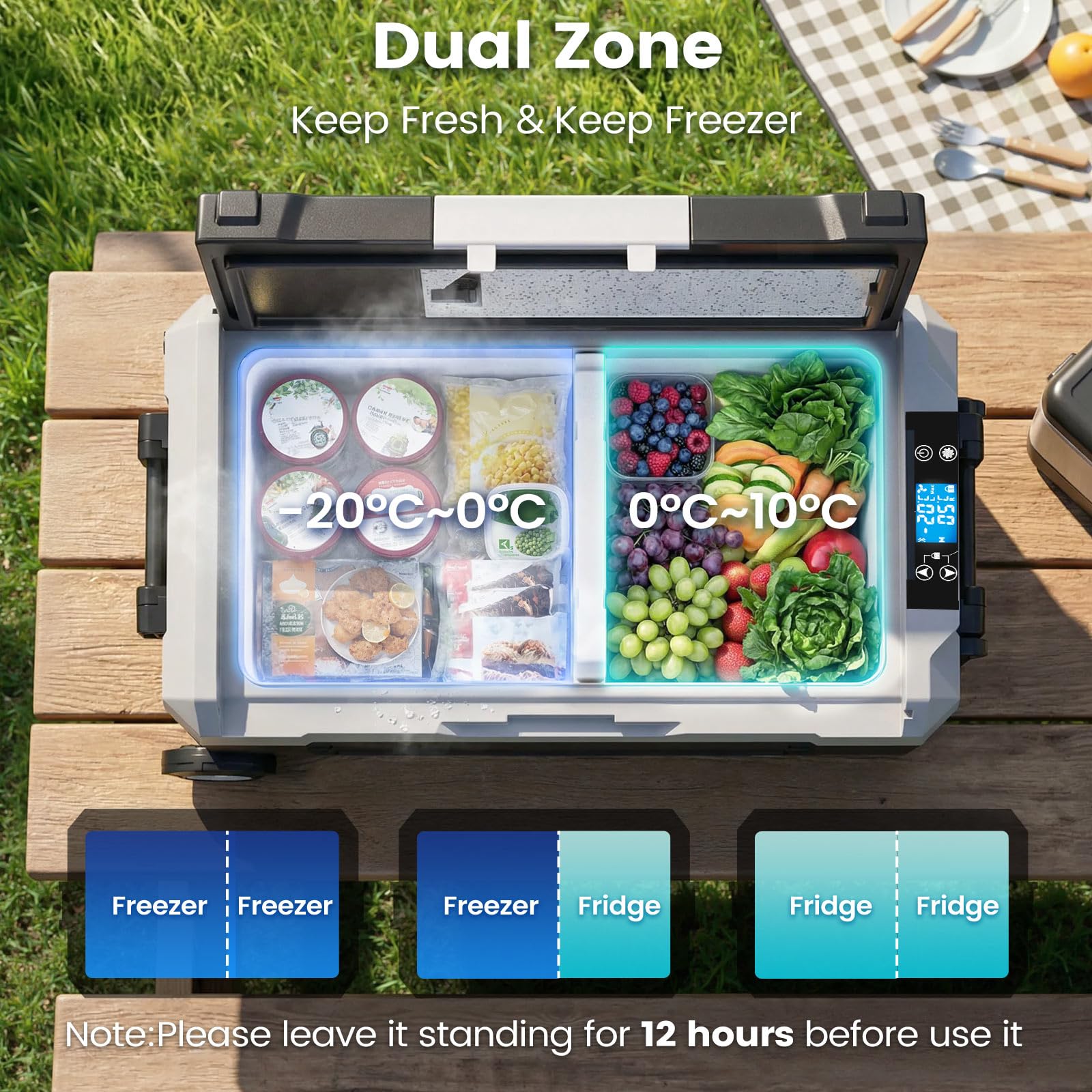 KROAK 45L Kompressor-Kühlbox mit Bluetooth-App, Dual-Zone (-20°C bis +20°C) | elektrisch für 12V/24V/230V – mit Rollen, Trennwand & Schneidebrett – ideal für Camping, Auto, LKW, Wohnmobil