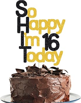 So Happy Im 16 Today! Birthday Cake Toppers - Black Glitter, Sixteen Cake Topper, 16th Birthday Decorations