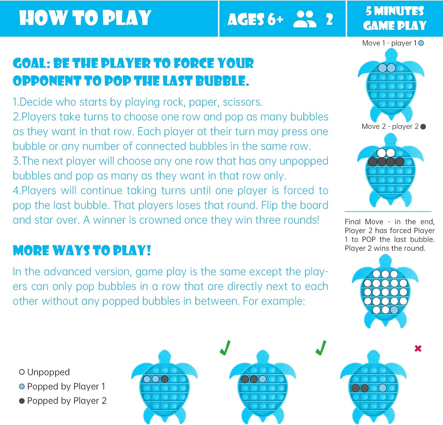 NiHealth Push Pop Bubble Fidget Sensory Toy Sea Turtle Fidget Toy for Special Needs Stress Reducer Anxiety Relief Popper Game Board Silicone Squeeze Toy for Kids and Adults (Blue)