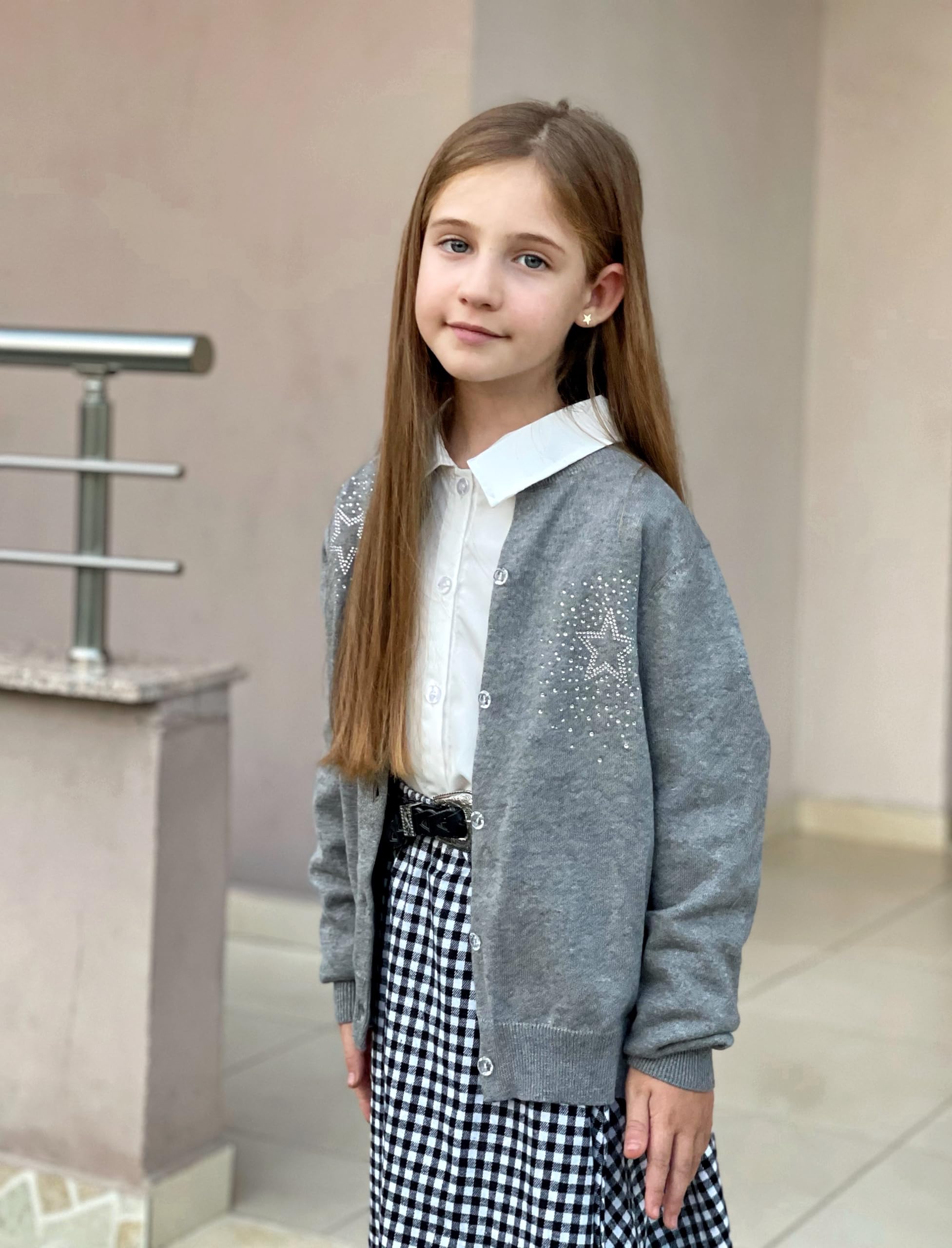 Rolanko Niñas Cardigans, Algodón de Manga Larga Button Down Ropa Escolar Básica, Suéter de Cuello Redondo