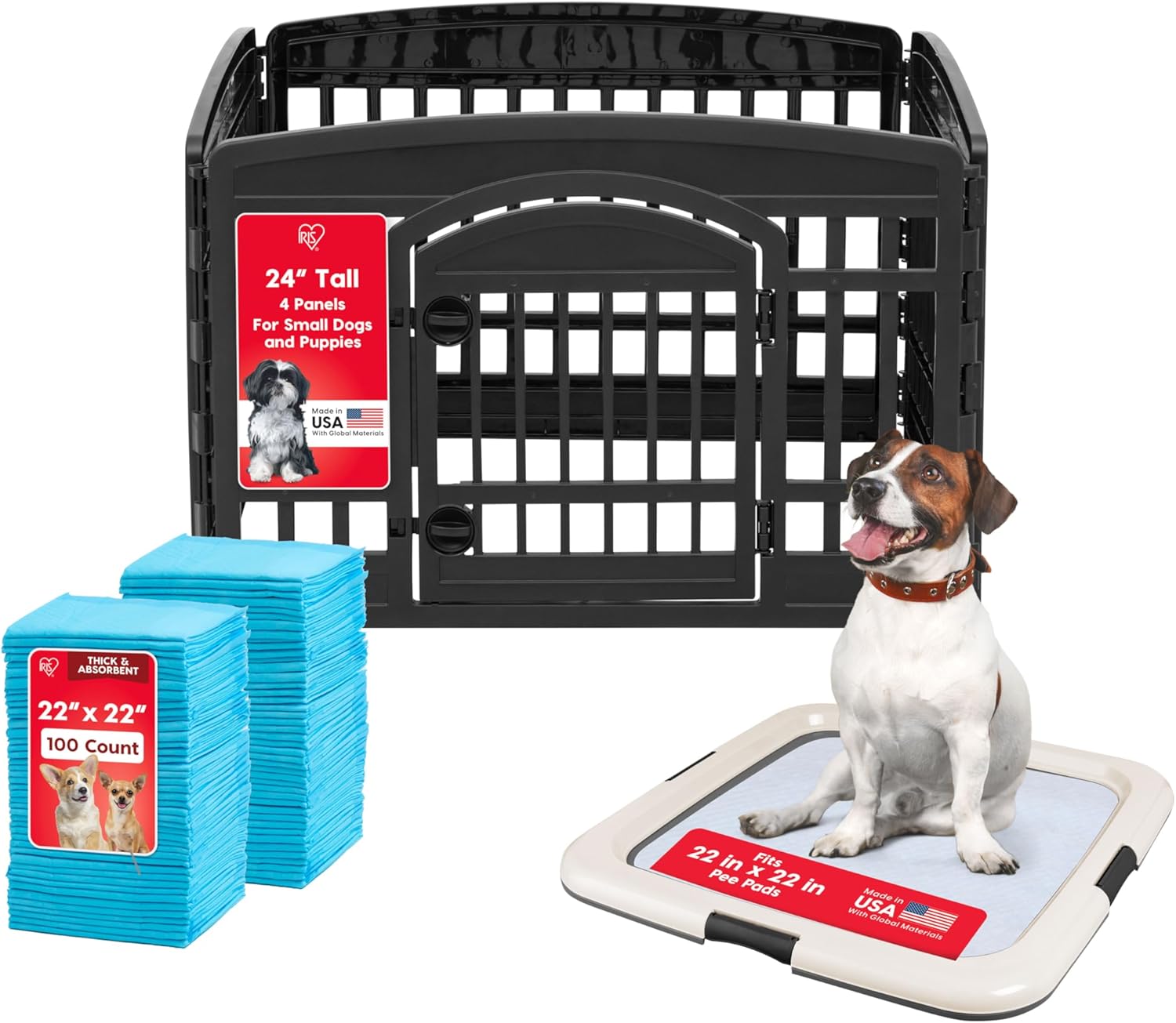 IRIS USA 24" 4-Panel Dog Playpen with Door, 35 x 35 x 24 + Pee Pads for Dogs – Puppy Essentials, Quick Dry, Leak Proof + Pee Pad Holder - for Potty Training Regular Sized Dog