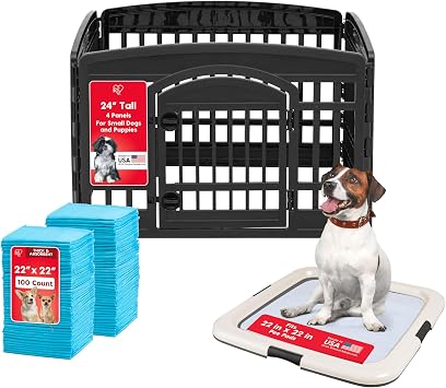 IRIS USA 24" 4-Panel Dog Playpen with Door, 35 x 35 x 24 + Pee Pads for Dogs Puppy Essentials, Quick Dry, Leak Proof + Pee Pad Holder - For Potty Training Regular Sized Dog