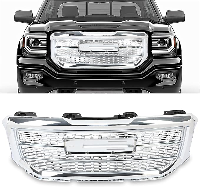 Chrome Mesh Grille For 2014-2015 GMC Sierra 1500 SLE/SLT – Denali Style Front Hood Grill, Direct Fit Replacement