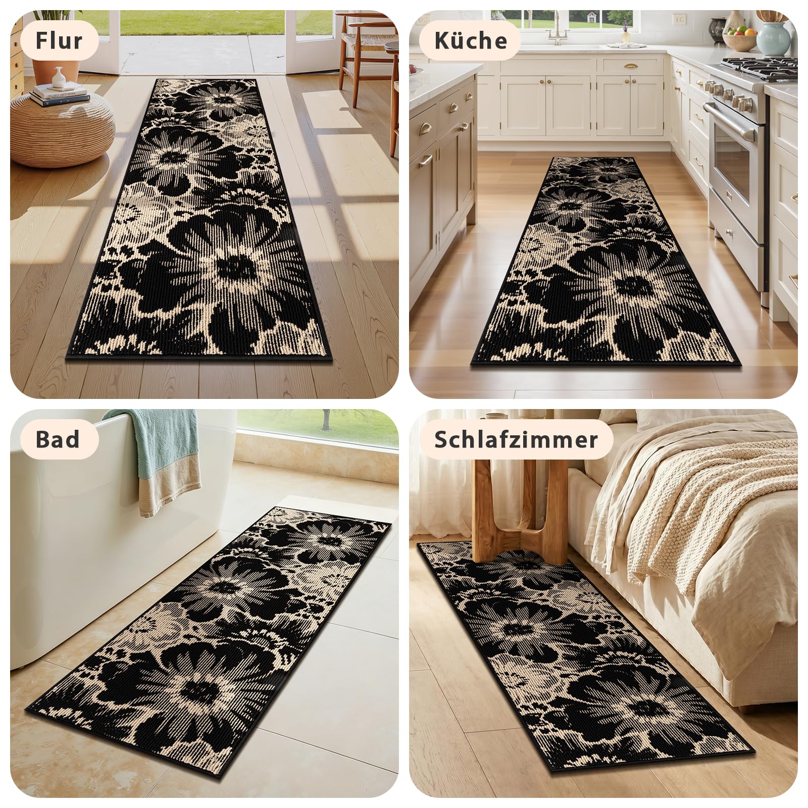 Läufer Flur Langer rutschfest, Teppich Läufer Waschbar, 80x300cm | Schwarz & Beige, Absorbierend Küchenteppich, Polypropylen, Perfekt für Küche, Eingang, Esszimmer Waschküche