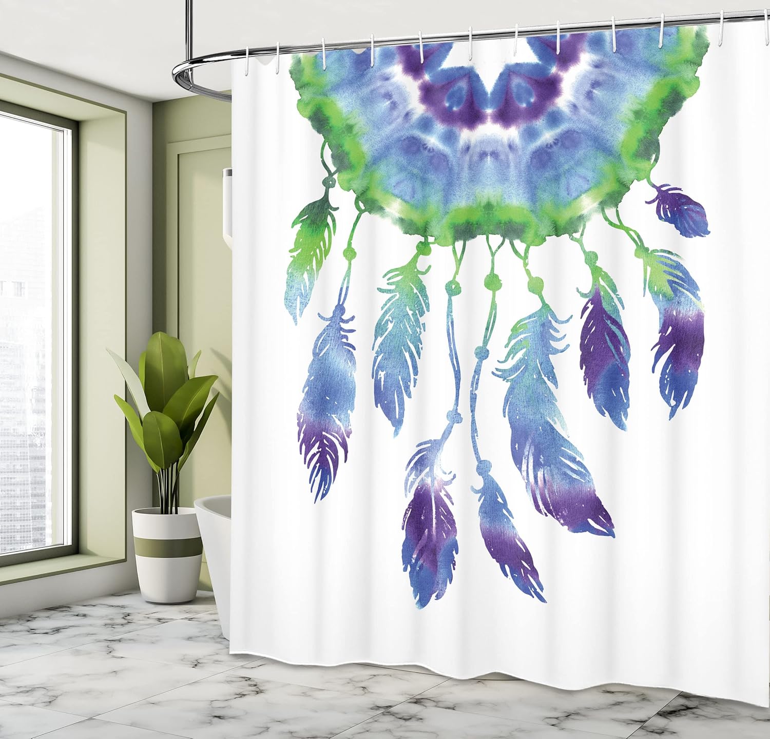 Ambesonne Tribal Shower Curtain, A Dreamcatcher and Bird Feathers with a Watercolor Painting Effect Ethnic Primitive Style of an Art, Cloth Fabric Bathroom Set with Hooks, 69" W x 70" L, Purple Green