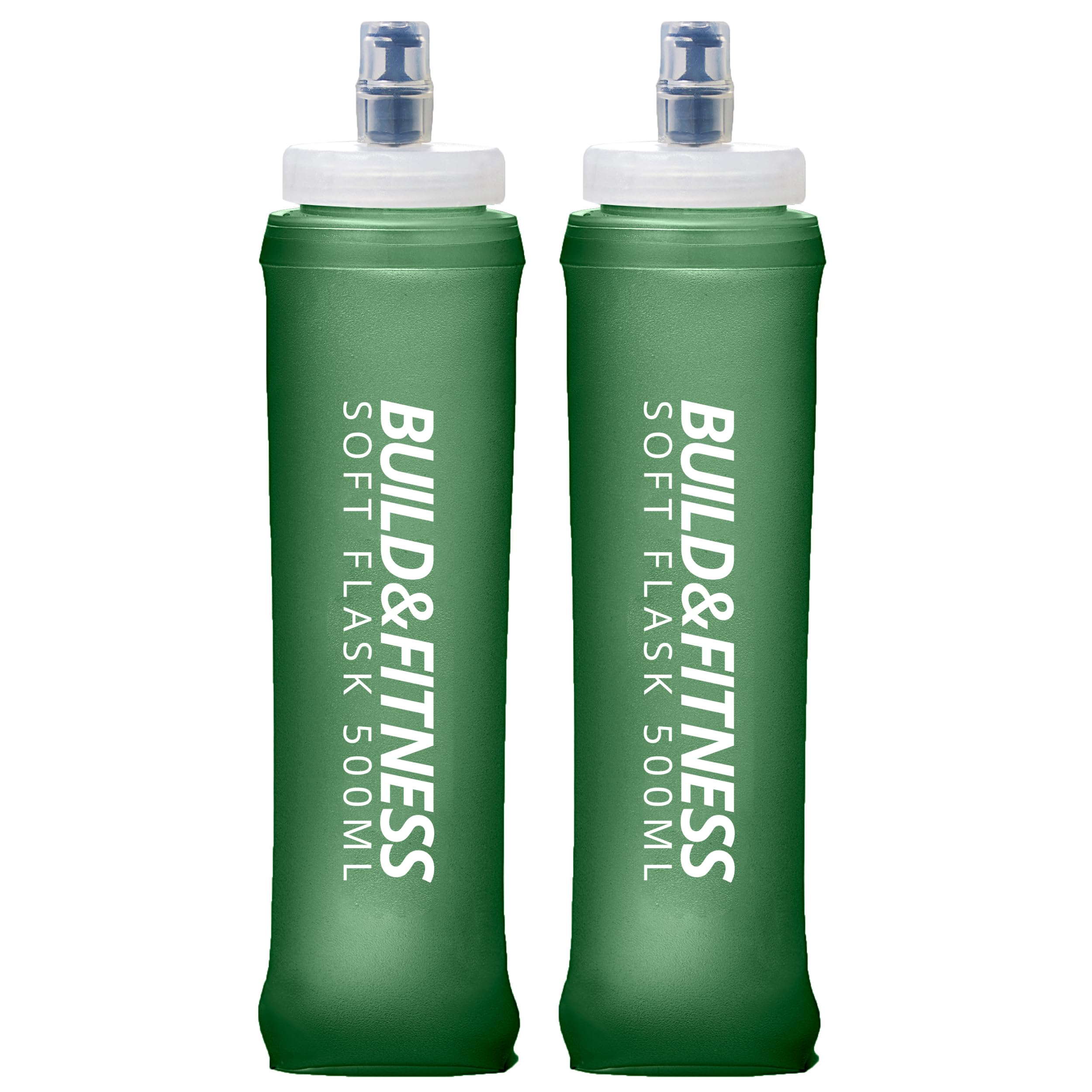 Build & Fitness Soft Water Bottle 2 Pack - 500ml / 350ml. Collapsible Soft Flask, Leakproof, TPU, BPA Free, Easy to Clean & Lightweight. Use in Hydration Vests, Running Belts (Olive, 500ml (2 Pack))