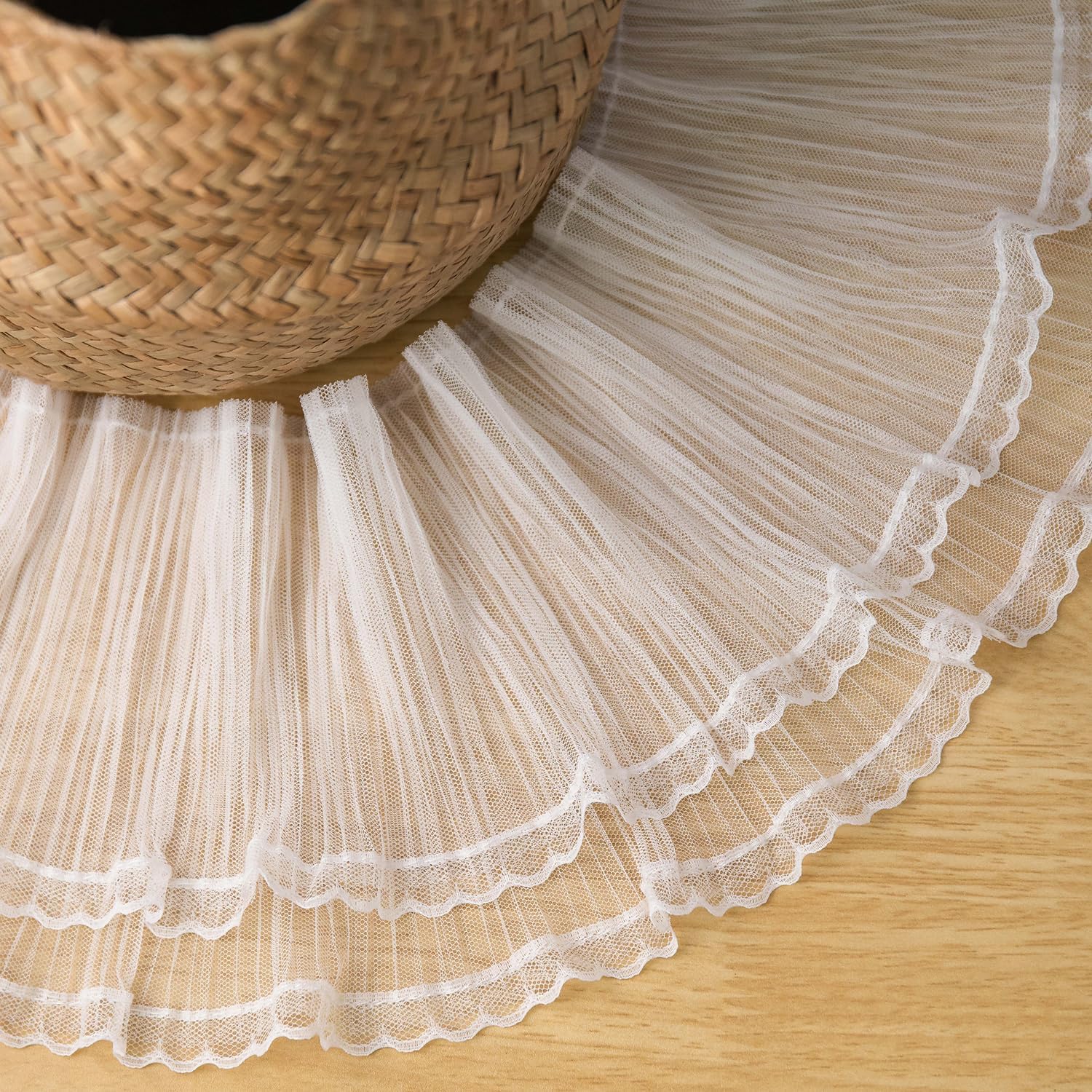 5 Yards Double Layer Ruffled Lace Trim, 6.3 inch Pleated Tulle Fabric for Wedding Applique, Clothing Sewing, DIY Crafts and Home Décor(White)