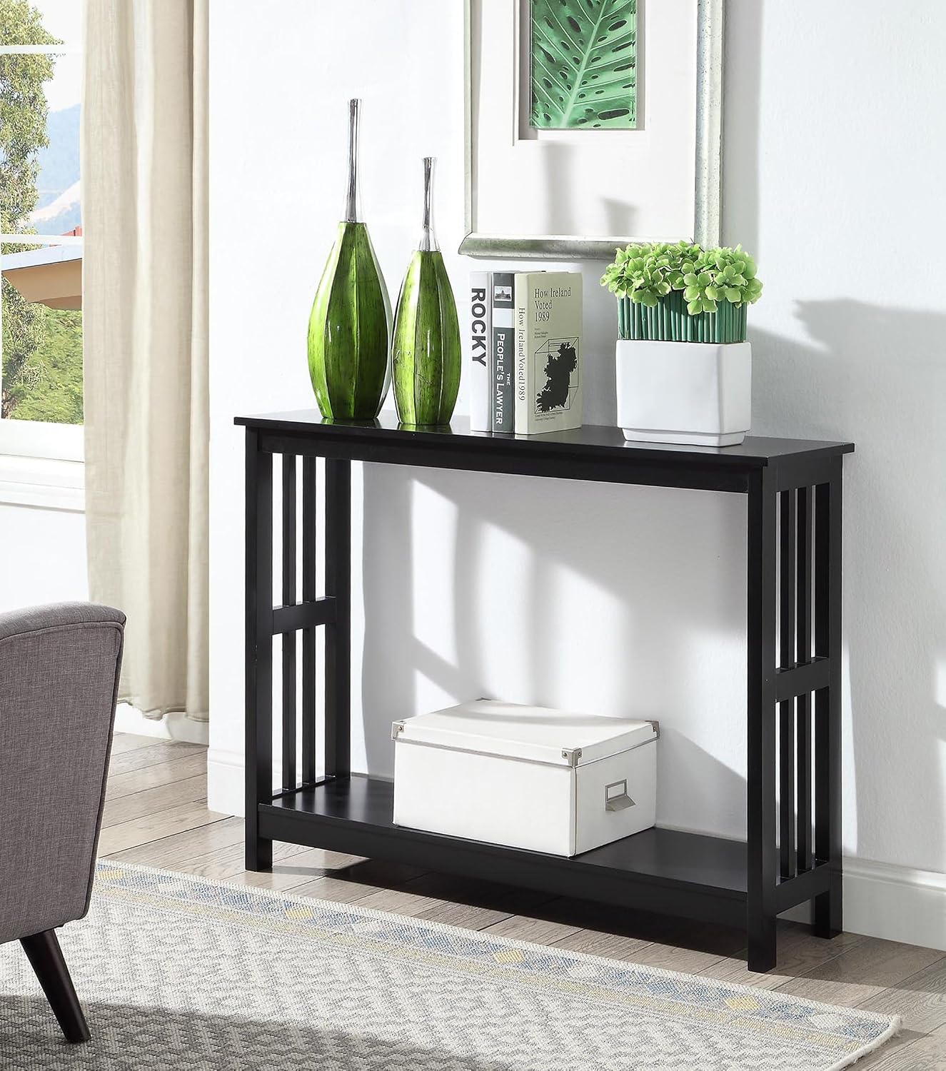 Pemberly Row Console Table, Black Finish, MDF Construction, 39.5" W x 11.75" D x 31.5" H, Bottom Shelf for Storage, Modern Style Entryway or Living Room Display Table