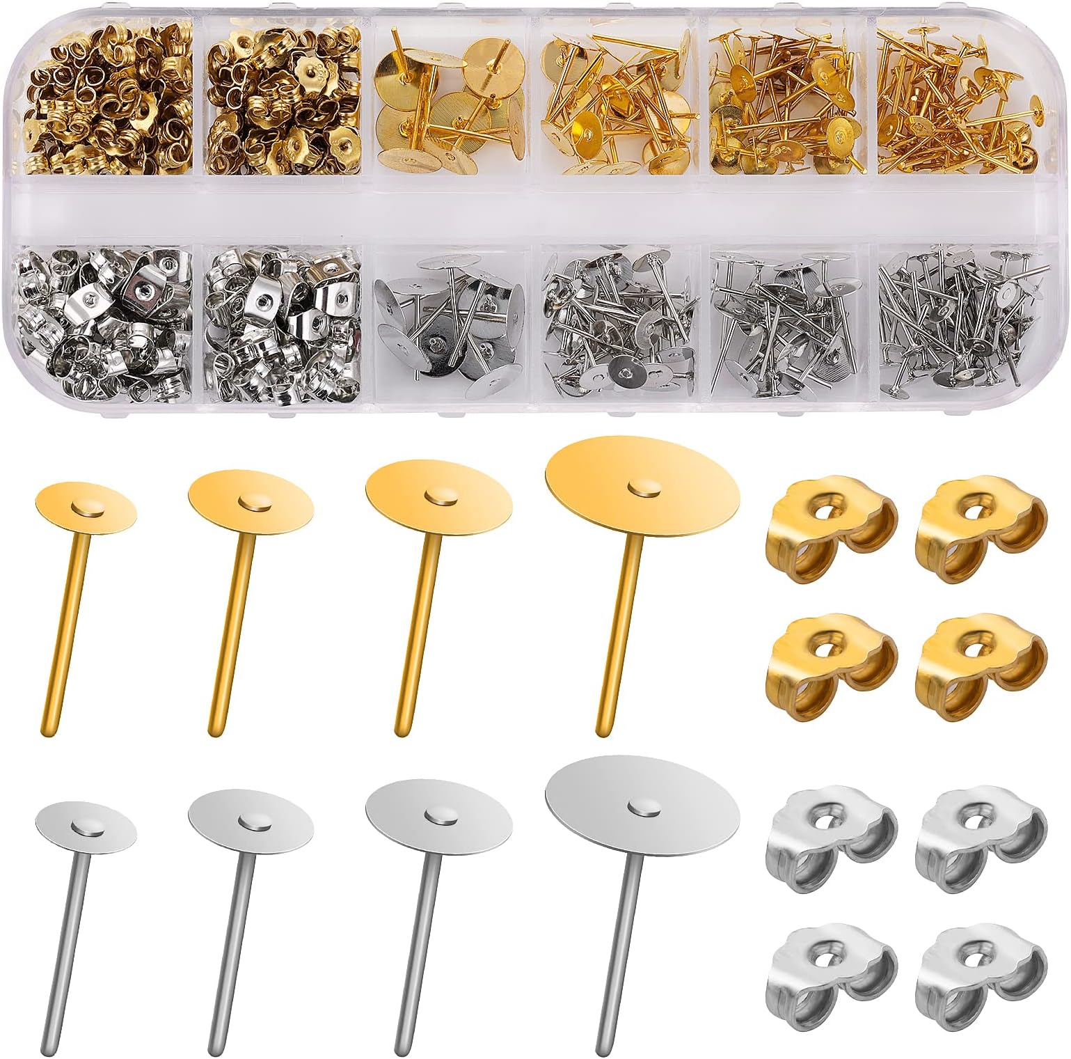ASTER 400pc Earring Making Kit - Hypoallergenic Earring Posts & Studs with Butterfly Backs - Storage Box Included, 4 Sizes (4-8mm), Gold & Silver