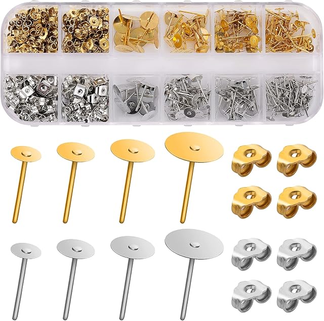 ASTER 400Pcs Earring Making Kit Stainless Steel Hypoallergenic Earring Posts Studs with Butterfly Earring Backs for Earring Making Include a Storage Box,4Sizes (4,5,6,8 mm Longth) Gold&Silver