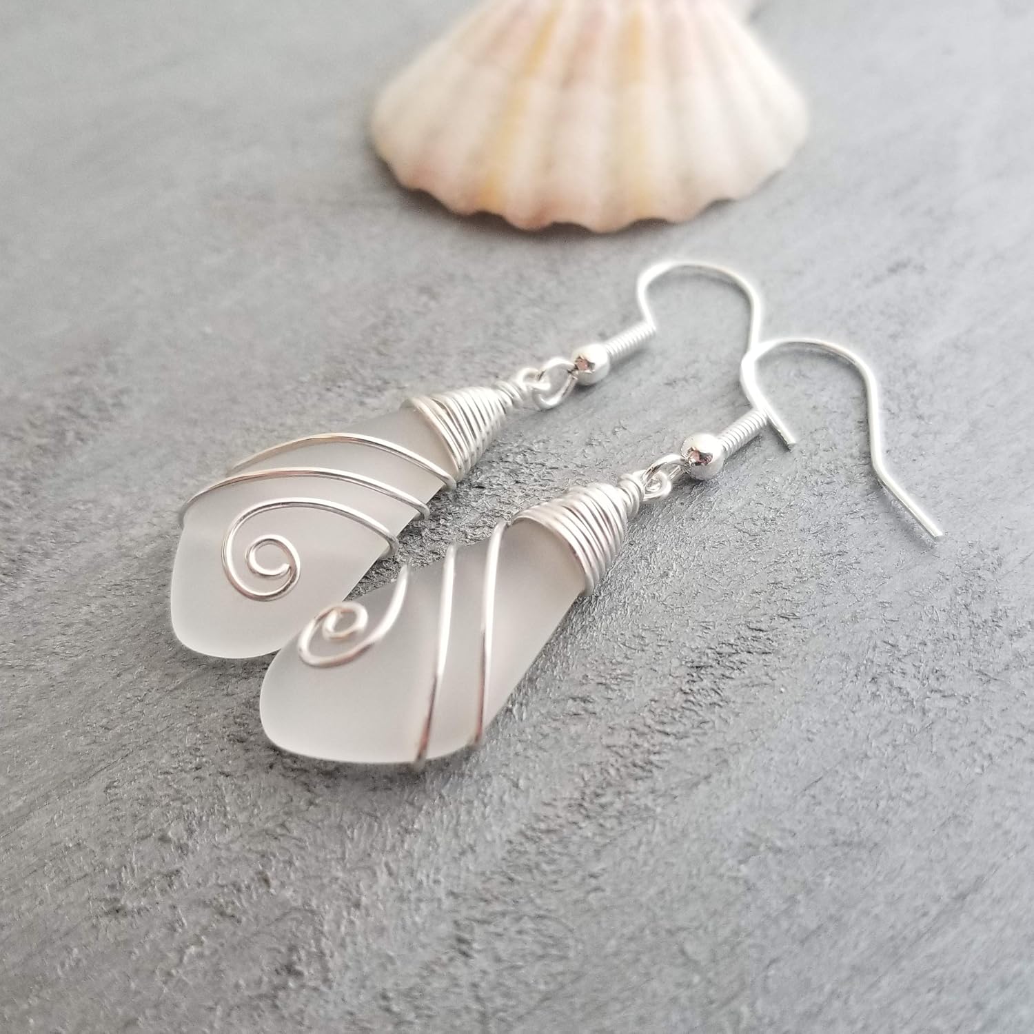 Handmade Hawaiian Sea Glass Earrings, Wire Wrapped Swirls Earrings, Sea Glass Jewelry For Women Beach Jewelry For Women, Unique Birthday Gift For Women