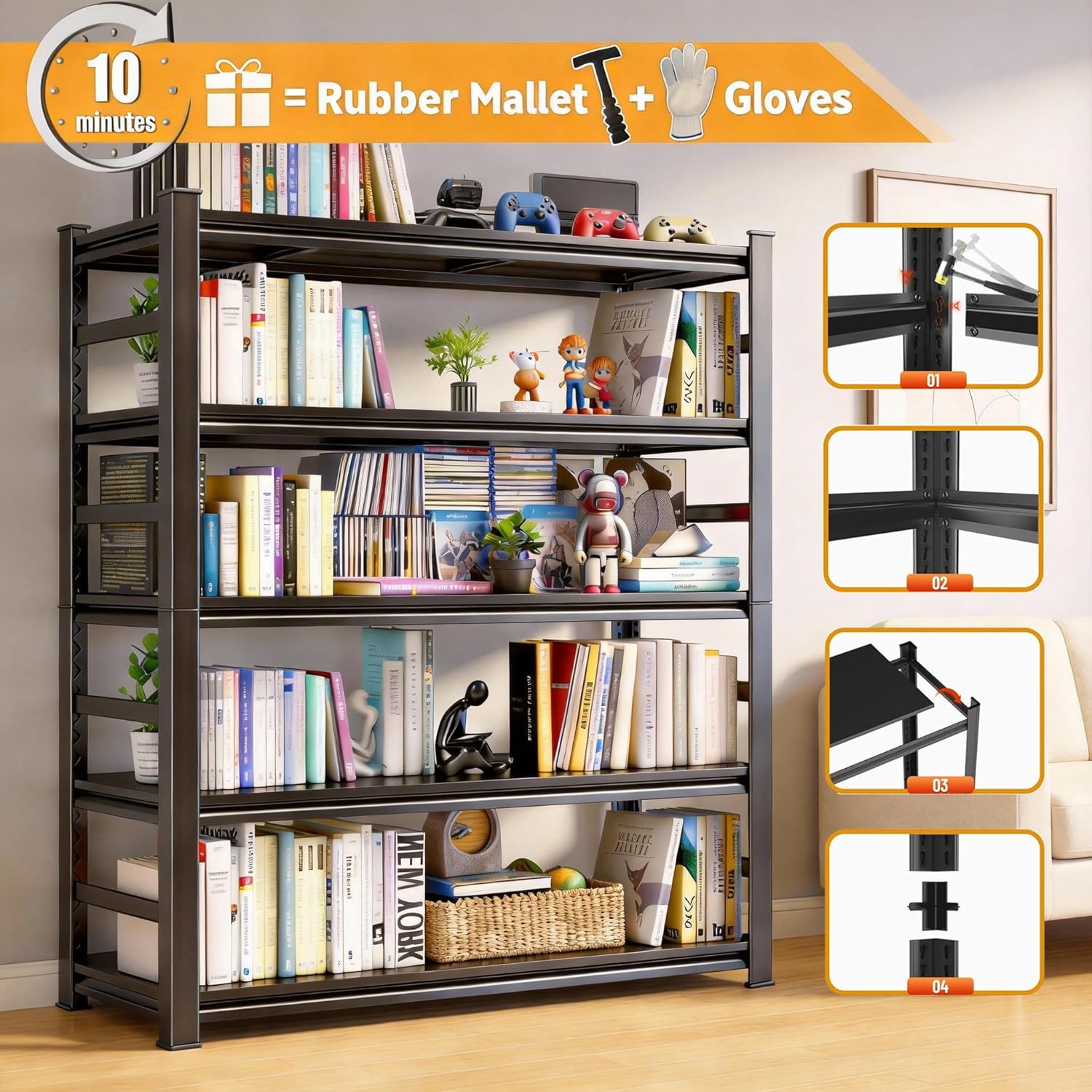 72''H × 40''W Garage Shelving, Metal Shelving Unit and Storage, 2500lb Standing Shelves,Heavy Duty Shelving with Adjustable Shelf for Garage Kitchen Warehouse Pantry Basement Black (5 Tier)