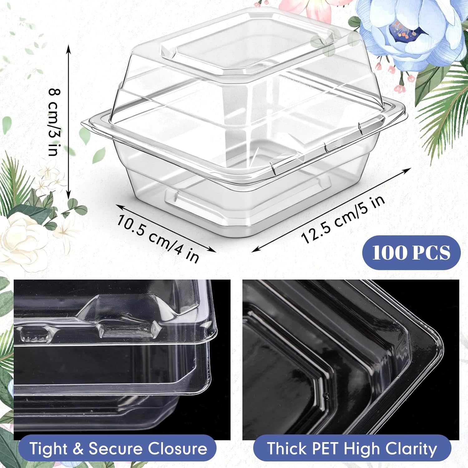Funnymoom 100 Pack Clear Plastic Flower Corsage Boxes Plastic Boutonniere Storage Box Clear Food Clamshell Containers for Dessert Snacks Cakes Wedding Gift Craft (5 x 4 x 3 Inch)