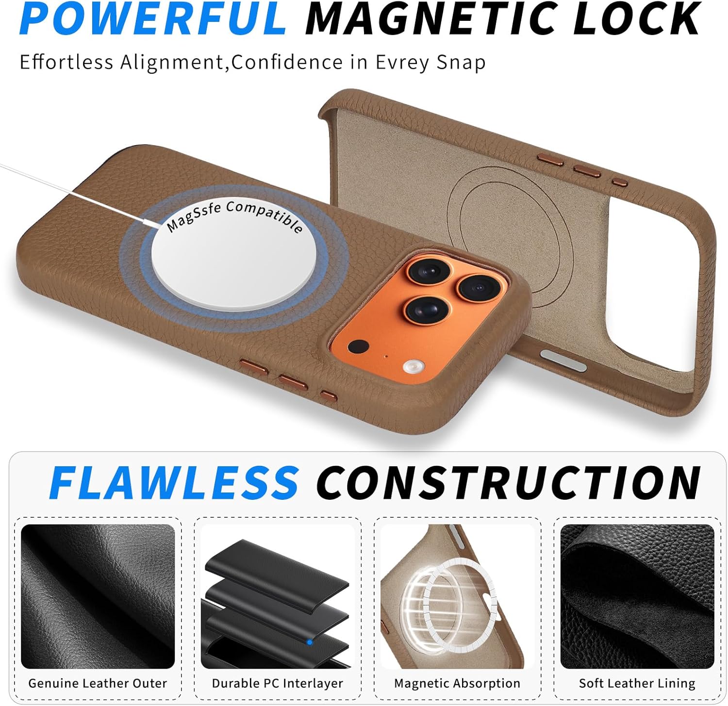 iPhone 17 Pro Max Leather Case 17 Pro Max Case， Compatible with MagSafe Magnetic Wireless Charging, Slim Fit, Non-Slip, Anti-Scratch, Shockproof